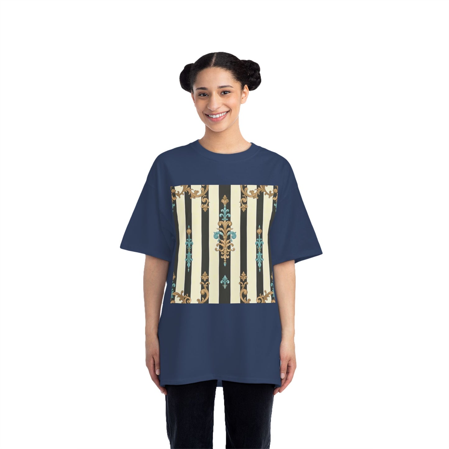 Elegant Floral Pattern Tee, Vintage Style T-Shirt, Gift for Her, Casual Outfit - Black Striped Turquoise & Black Rococo
