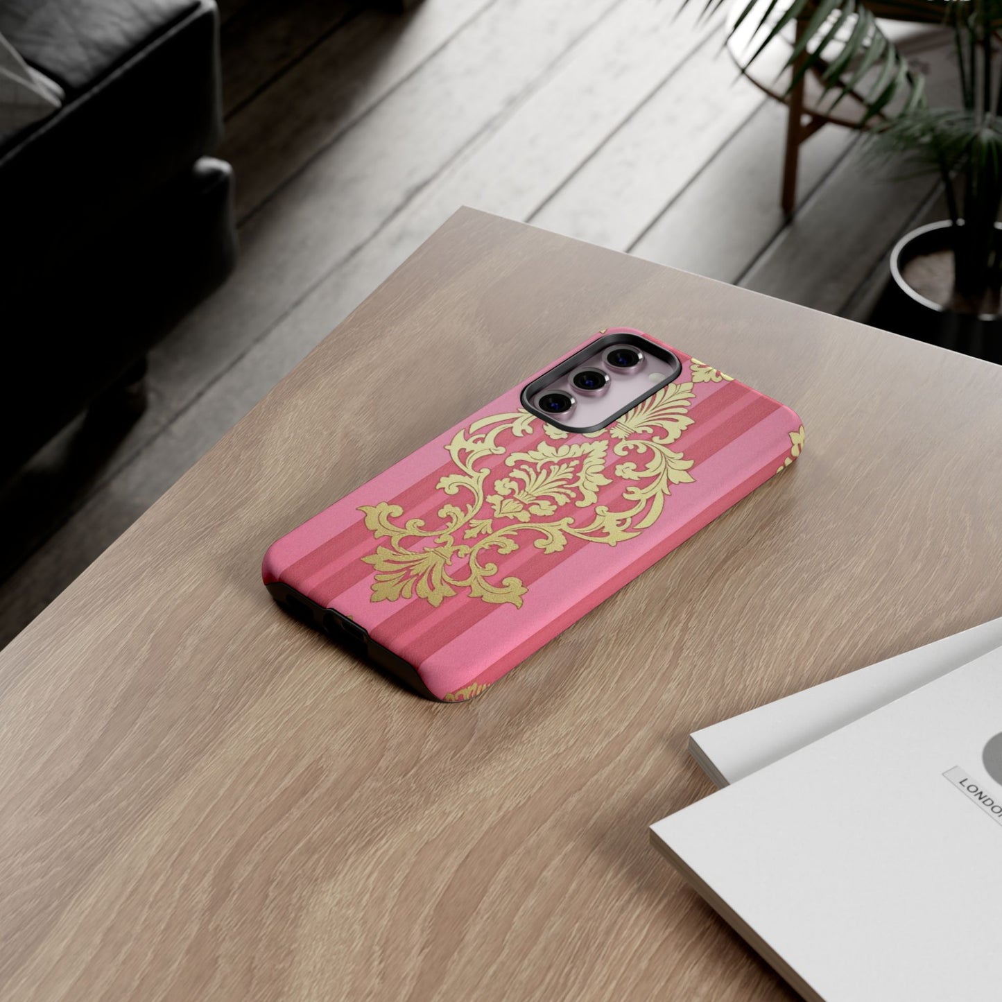 Elegant Floral Motif Phone Case - Tough Cases with Vintage Design - Pink Striped Damask