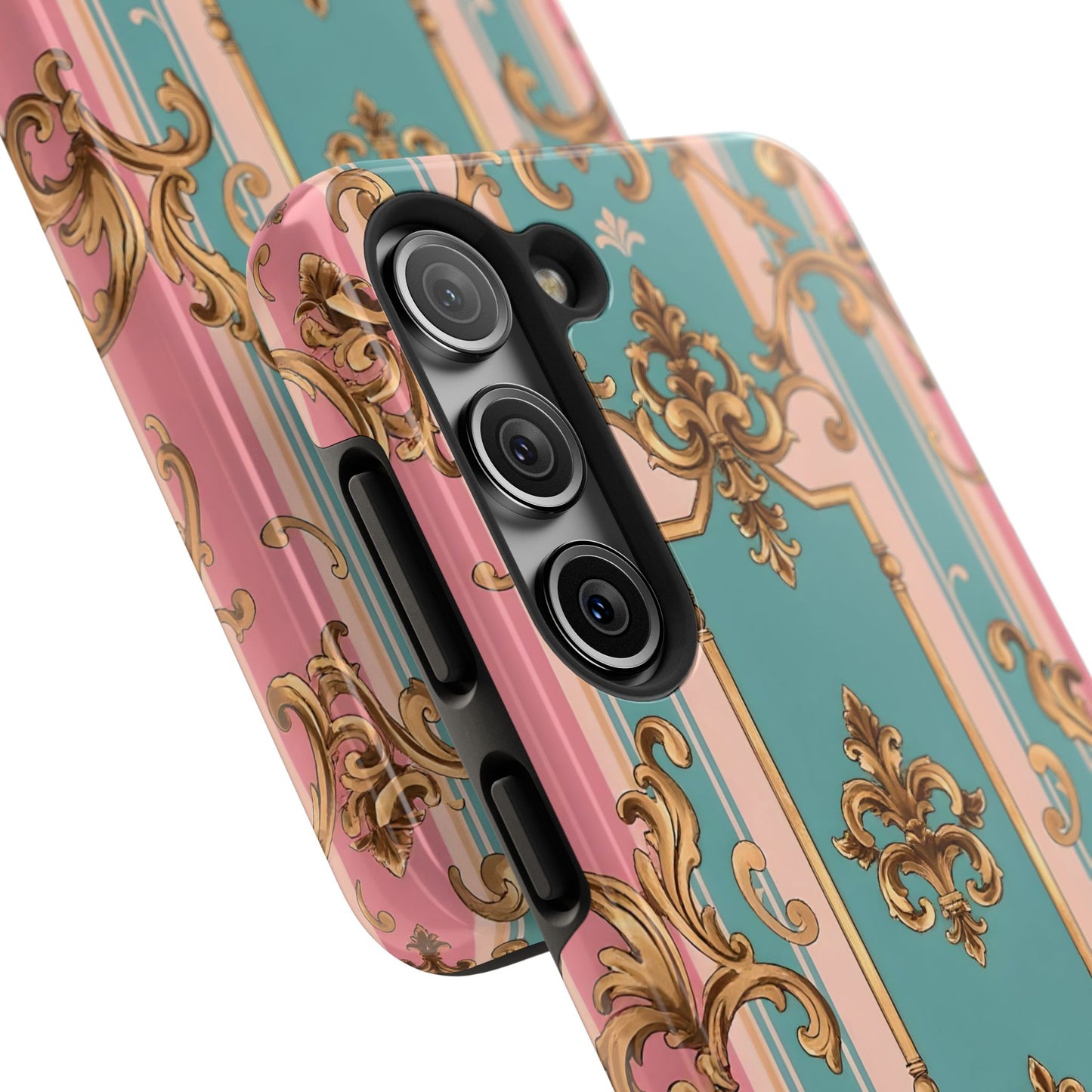 Elegant Floral Tough Phone Case, Artistic Phone Cover, Gift for Her, Chic Phone Accessory - Pink & Matte Turquoise Striped Rococo