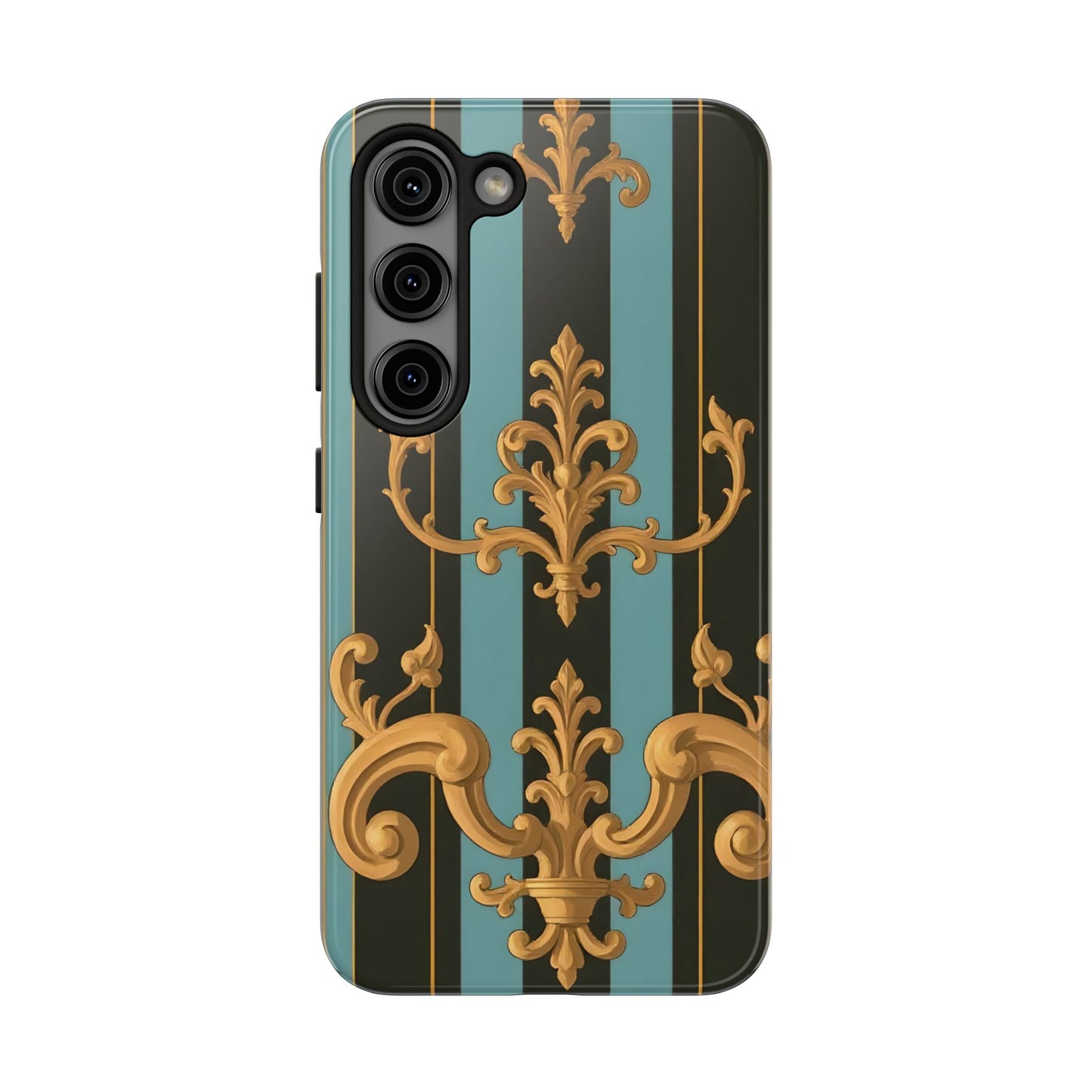 Elegant Baroque Tough Phone Case, Stylish Phone Cover, Durable iPhone Case, Unique Gift - Black & Turquoise Striped Baroque