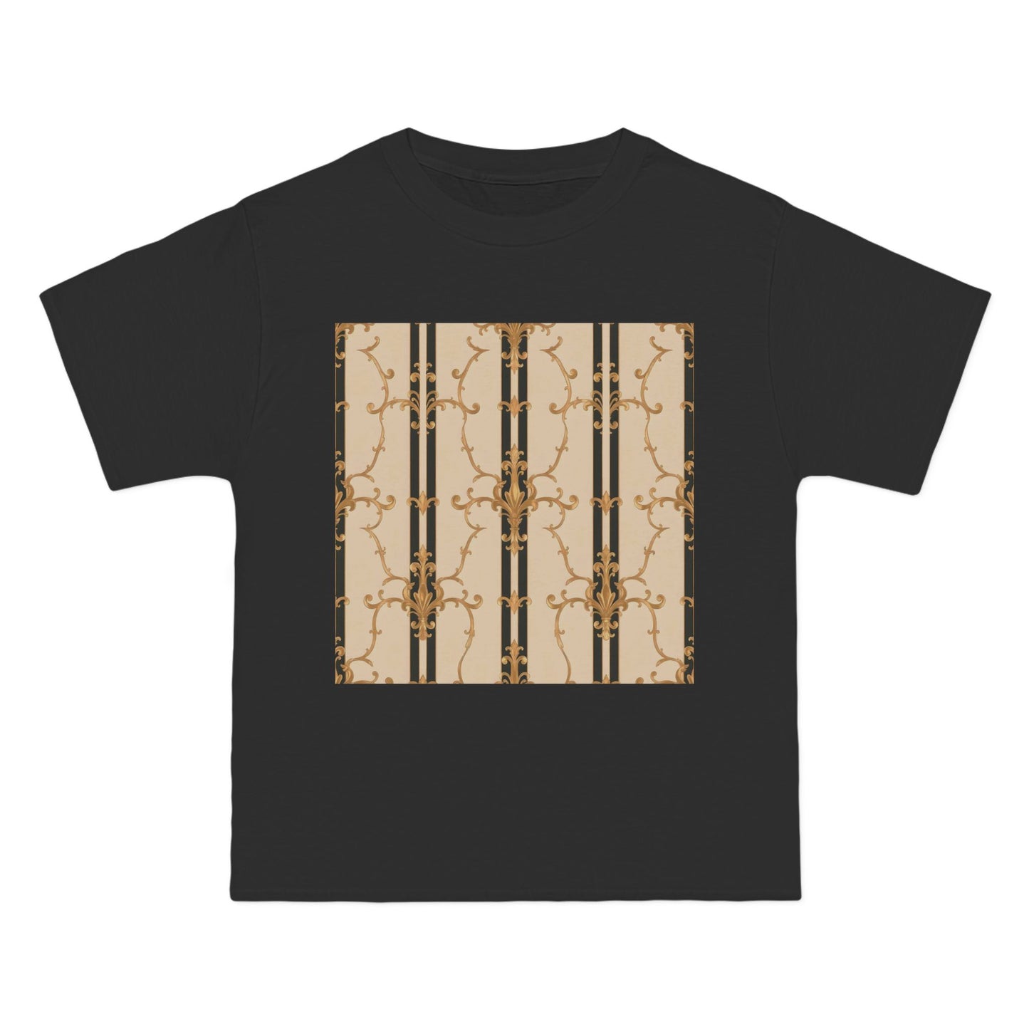 Stylish Graphic Tee for Casual Wear, Fashionable Short-Sleeve Shirt, Unique Summer Top - Black & Beige Striped Damask