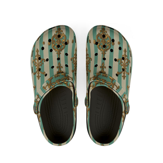 Stylish EVA Foam Rubber Clogs - Trendy Slip-On Shoes for Comfort & Versatility, Perfect for Casual Wear - Matte Green Striped Rococo