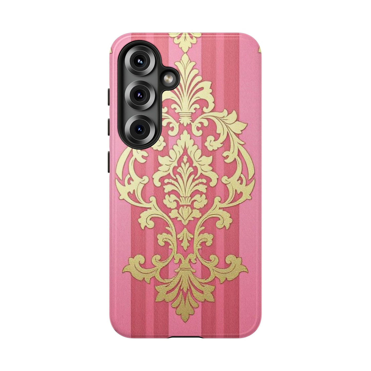 Elegant Floral Motif Phone Case - Tough Cases with Vintage Design - Pink Striped Damask