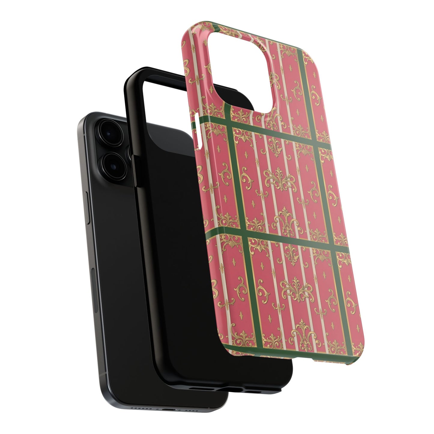 Elegant Green Border Pink Striped Baroque Phone Cases, Tough Phone Cases for Protection, Stylish Mobile Accessories, Gift for Her, Holiday Tech Gifts