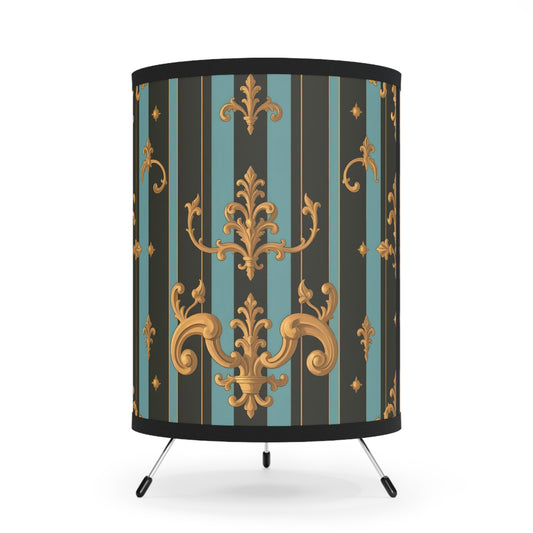 Elegant Tripod Lamp with Vintage Floral Design Shade - Home Décor, Table Lamp, Office Lighting - Black & Turquoise Striped Baroque