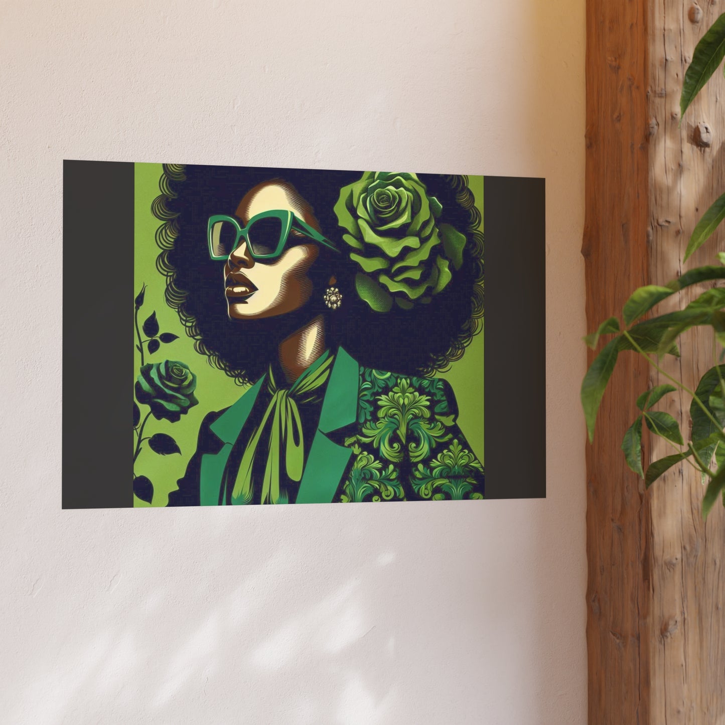 Chic Afrocentric Art Poster, Vibrant Wall Décor, Stylish Home Decoration, Damask Chic Art Print - Lady In Green Damask