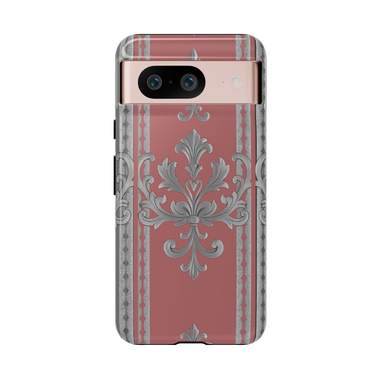 Elegant Floral Phone Case - Tough Cases for Stylish Protection - Gray & Mauve Striped Baroque