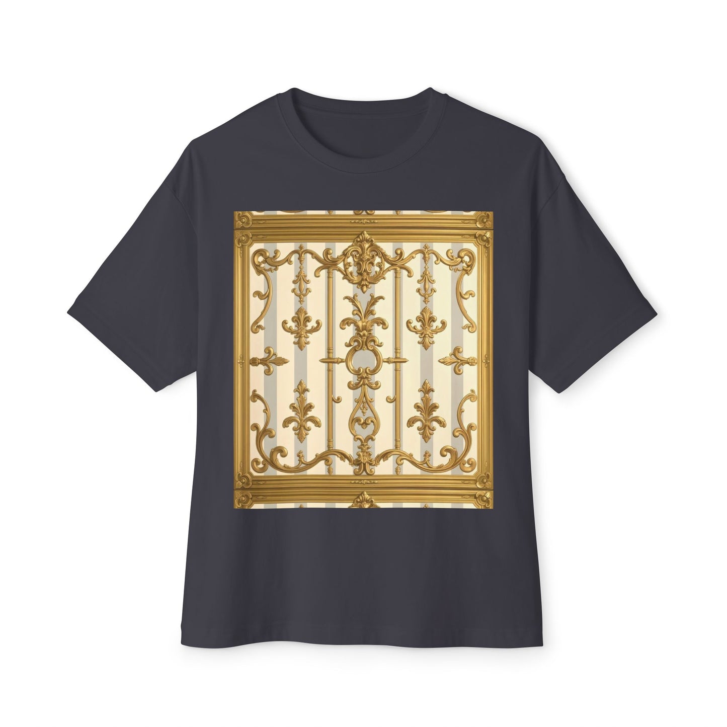Golden Art Unisex Oversized Tee, Graphic Tee, Trendy Streetwear, Casual Shirt - Matte Gray & Cream Striped Gold Baroque