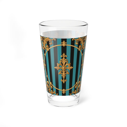 Elegant Turquoise & Black Striped Gold Baroque Mixing Glass, Vintage Style Barware, 16oz Cocktail Tumbler, Decorative Drinkware