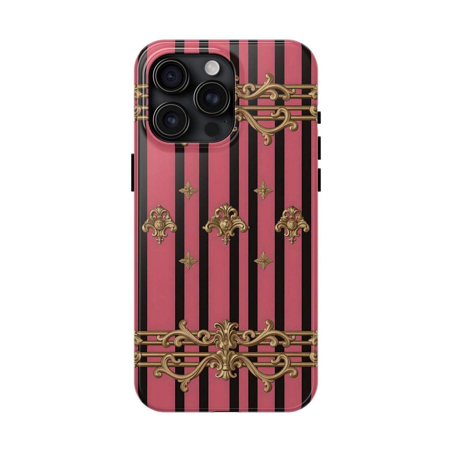Elegant Floral Phone Cases, Stylish Protective Case for Trendy Individuals, Unique Gift for Tech Lovers, Phone Accessories - Pink Striped Gold Rococo