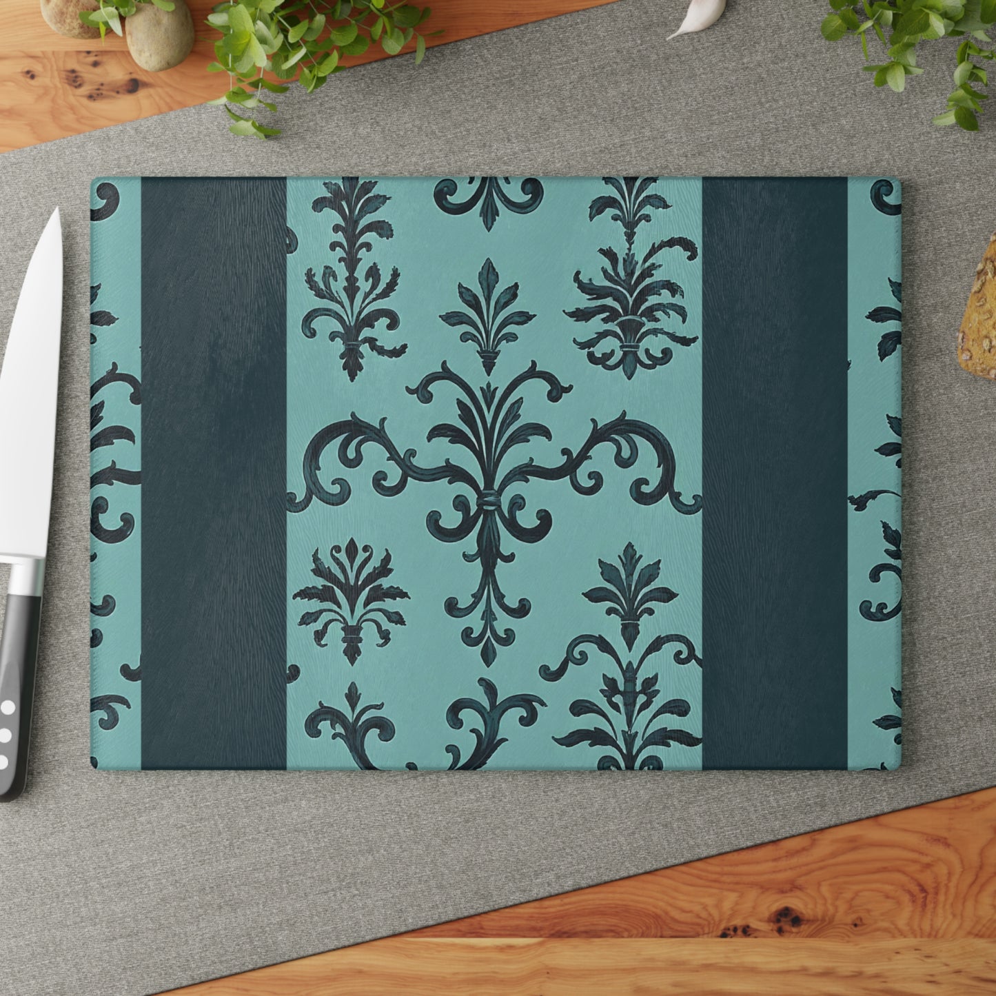 Elegant Glass Cutting Board - Kitchen Decor, Wedding Gift, Home Cooking, Stylish Homeware, Gift for Chefs - Teal Striped Rococo