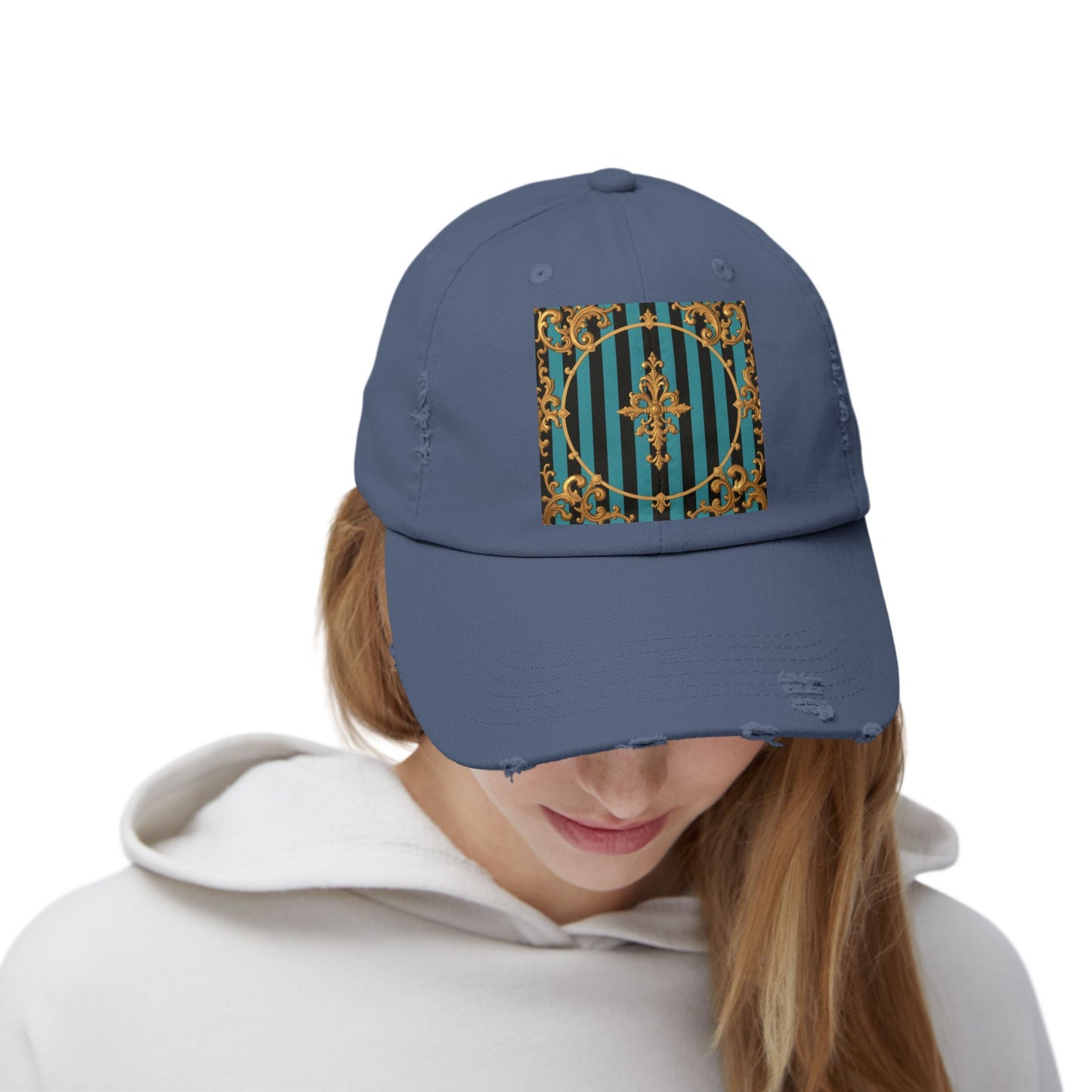 Turquoise & Black Striped Gold Baroque Distressed Cap with Elegant Design, Fashion Accessory for Everyday Wear, Perfect for Festivals, Gifts