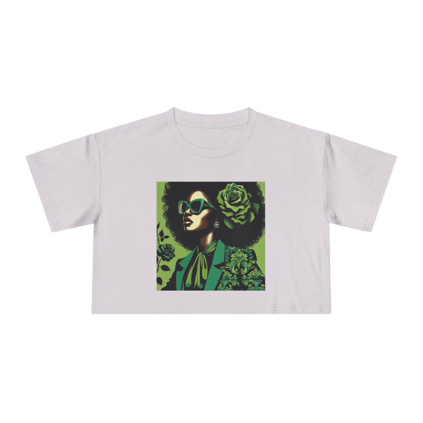 Stylish Women's Crop Tee with Damask Design | Trendy Summer Top, Afro Crop Shirt, Casual Wear, Gift for Her - Lady in Green Damask