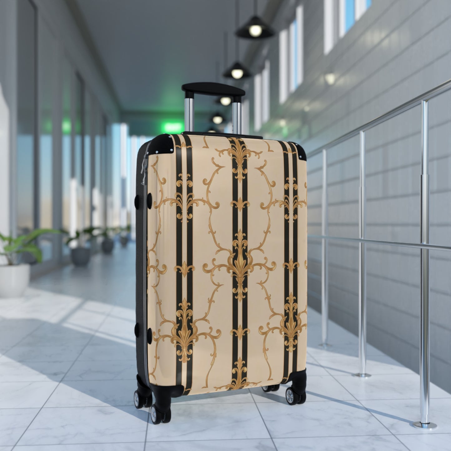 Elegant Travel Suitcase - Stylish Luggage for Adventurers, Travel Enthusiasts, Fashion Design Lovers - Black & Beige Striped Damask