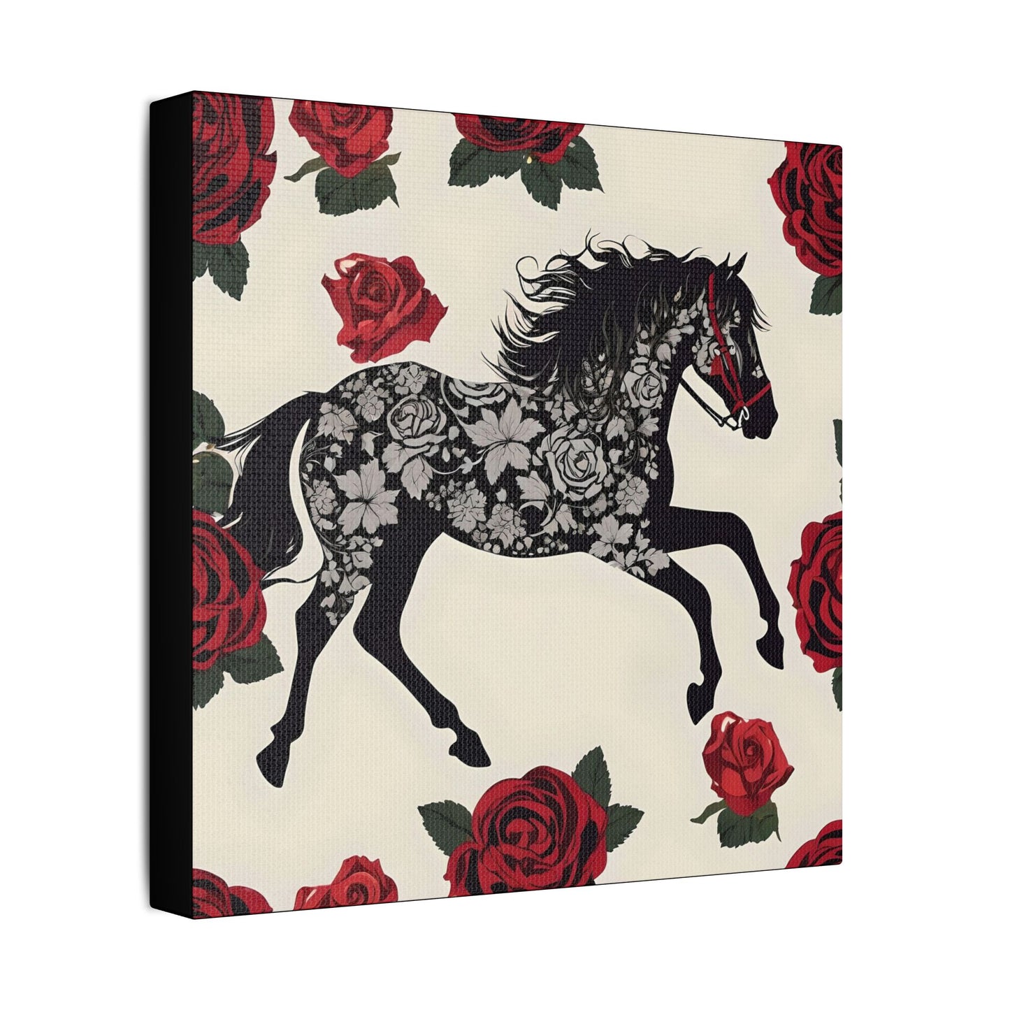Art Print Canvas, Wall Decor, Satin Stretched Canvas, Equestrian Art, Office Decor, Home Decor - Horse & Roses