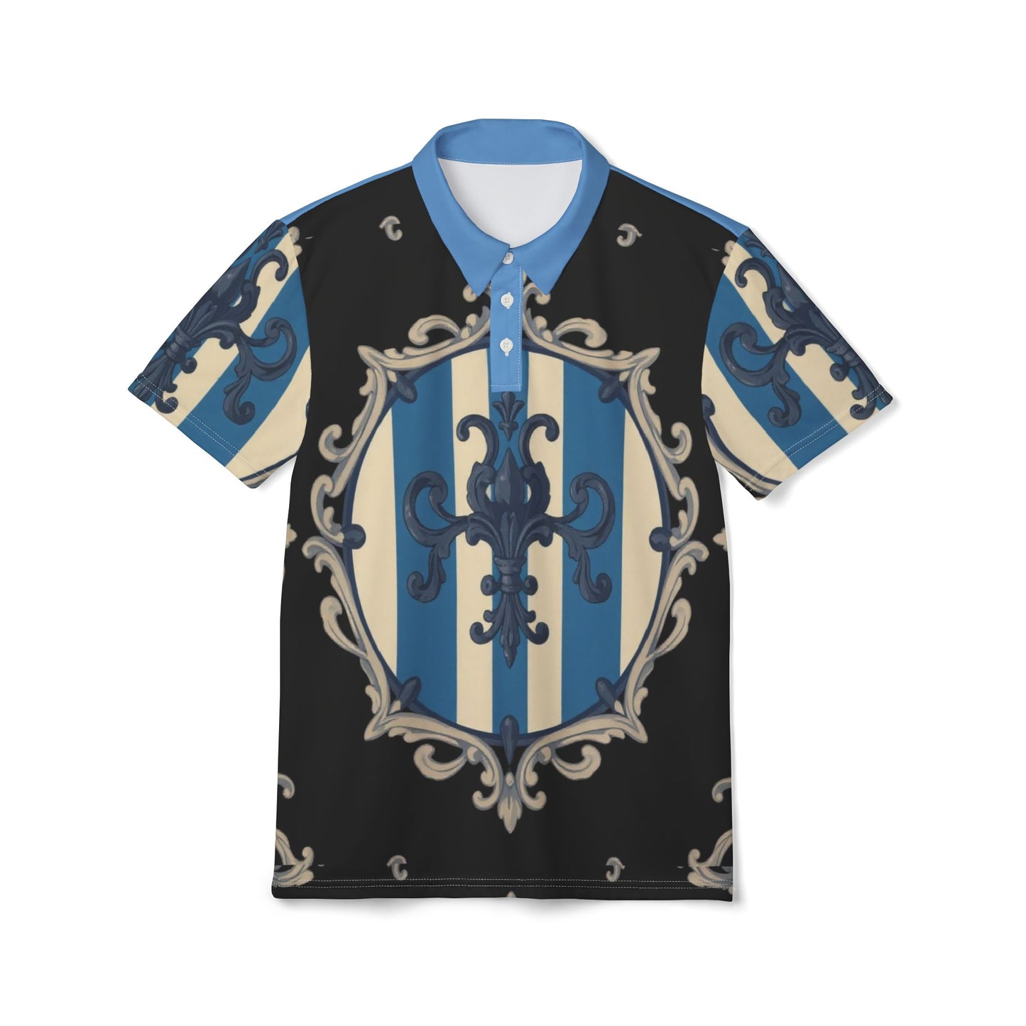 Chic Blue & Alabaster Striped Baroque Unisex Polo Shirt - Bold Design, Casual Wear, Perfect for Summer, Unique Gift for Him or Her