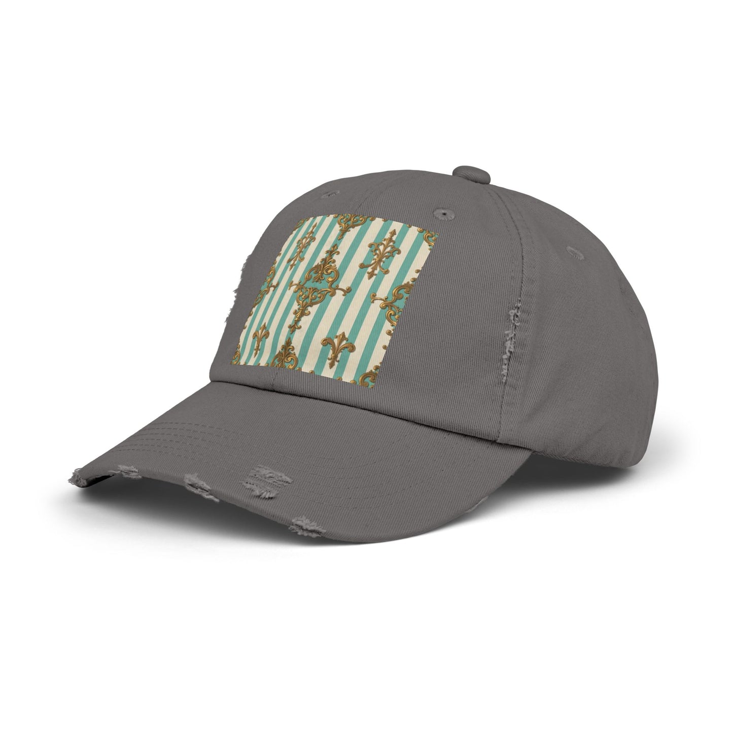 Stylish Unisex Distressed Cap with Vintage Pattern, Casual Hat for Everyday Wear, Gift for Birthdays - Matte Green Striped Rococo