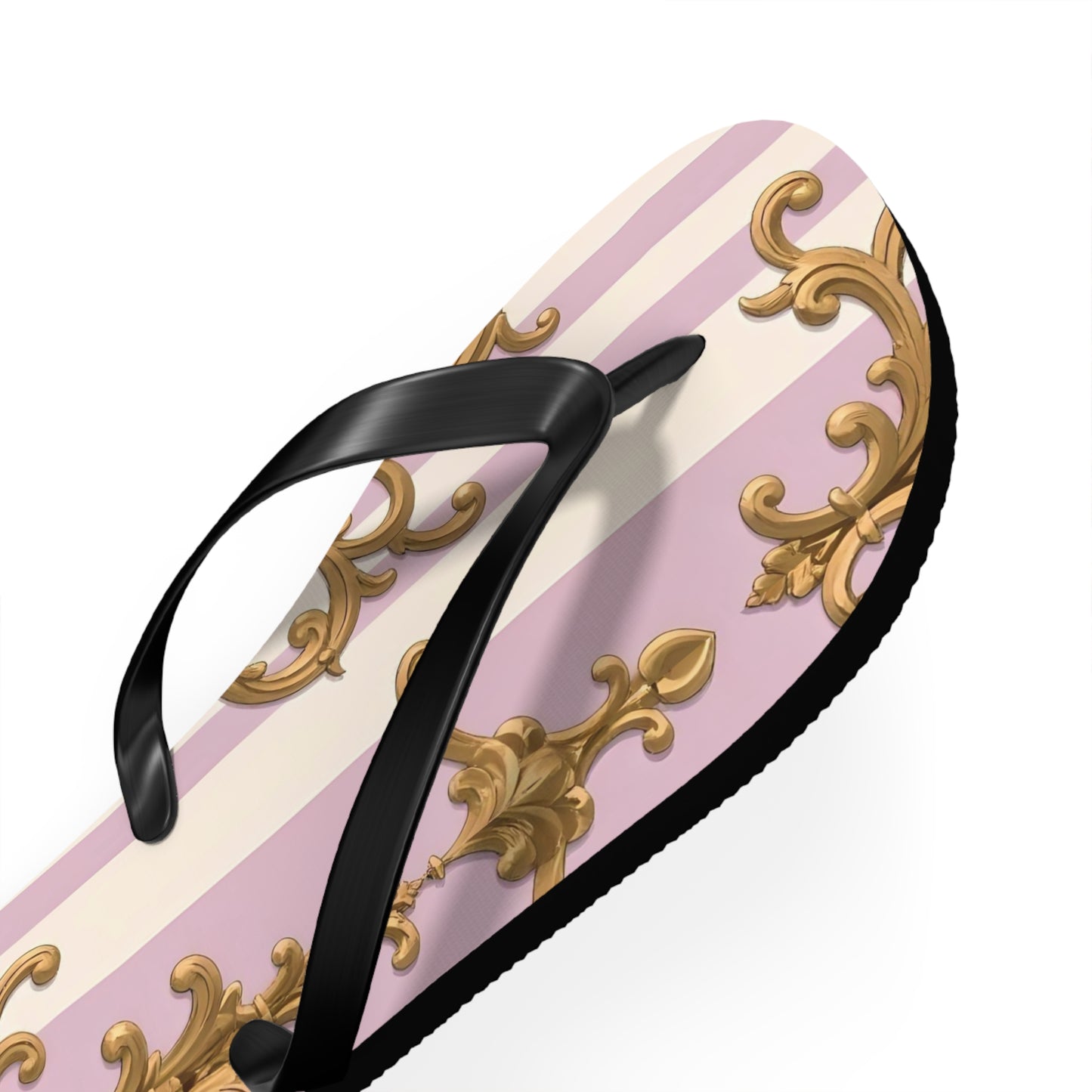 Chic Patterned Flip Flops for Stylish Summer Vibes, Beach Footwear, Vacation Sandals - Lilac & Alabaster Striped Gold Baroque