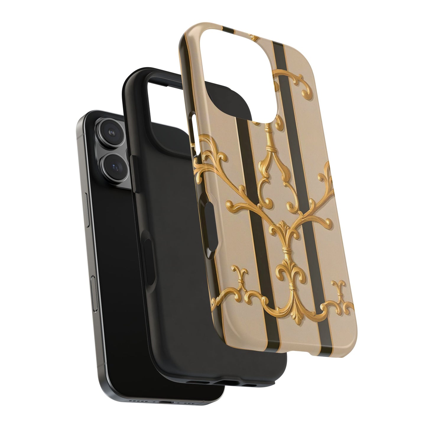 Elegant Vintage Tough Phone Case, Stylish Phone Cover, Boho Accessories, Perfect Gift for Her - Beige Striped Gold Rococo
