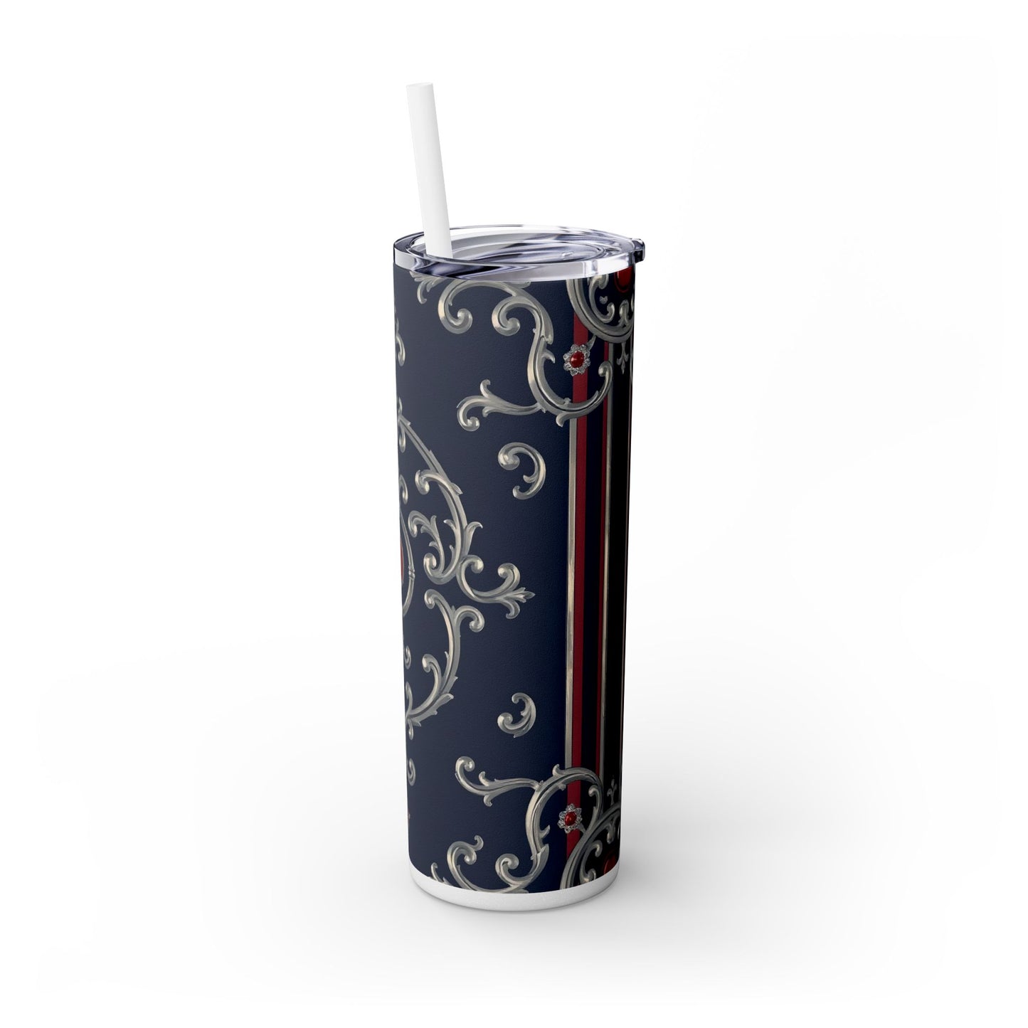 Elegant Patterned Skinny Tumbler with Straw, 20oz - Stylish Travel Mug, Personalized Gift, Wedding Favor - Blue & Red Striped Silver Baroque