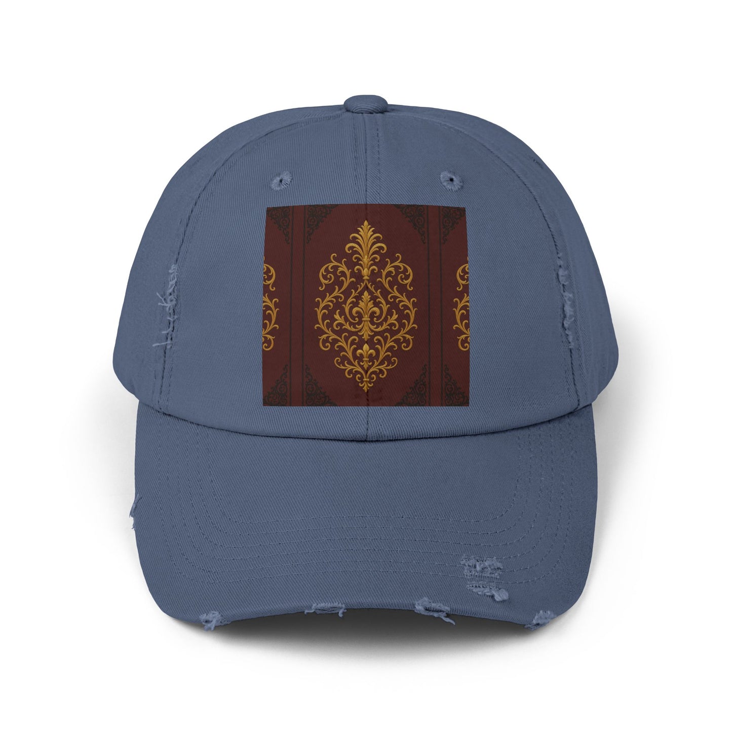 Dusk Burgundy-Black & Gold Baroque Distressed Black Cap with Vintage Gold Baroque Panel – Elegant Retro Baseball Hat