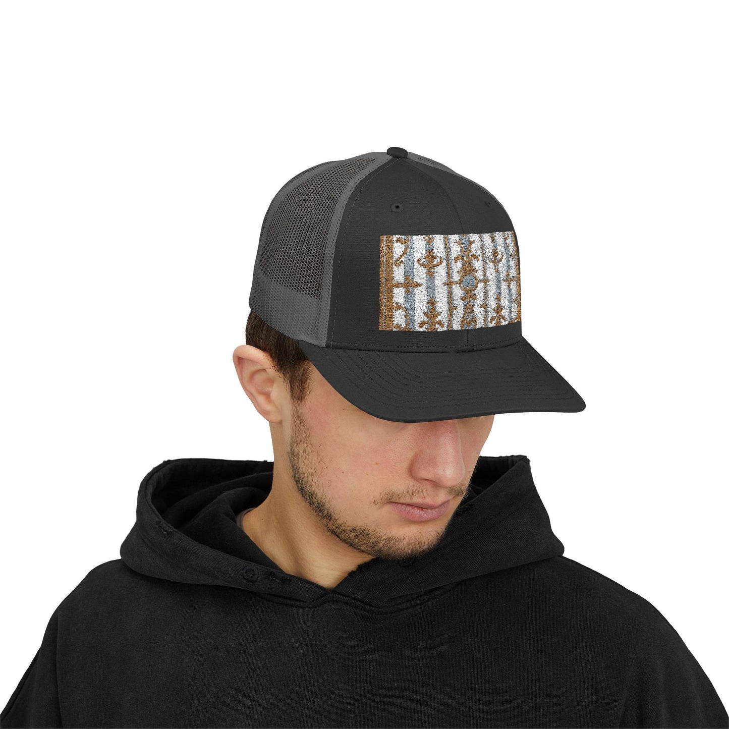 Stylish Snapback Trucker Cap with Nature-Inspired Design - Summer Festivals - Matte Gray & Cream Striped Gold Baroque