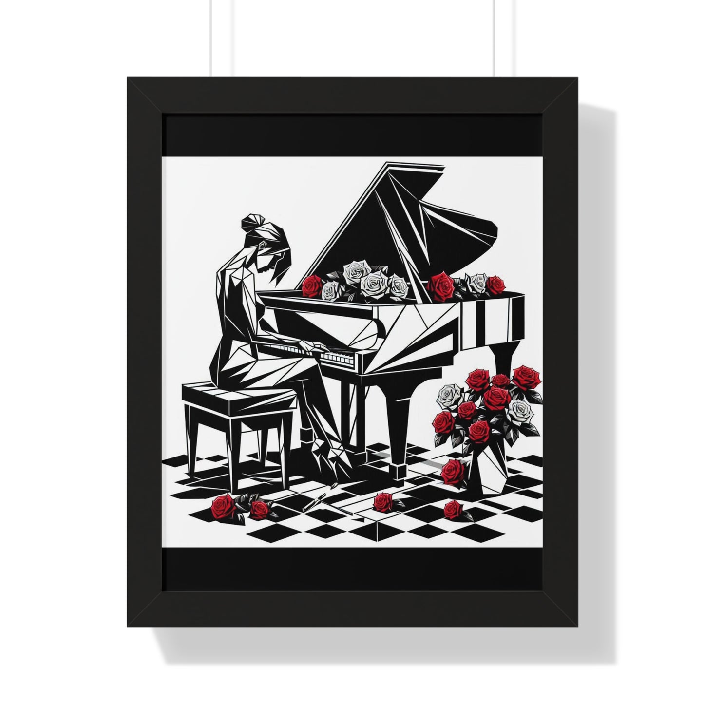 Vertical Poster - Black & White Grand Piano & Red Roses Wall Art