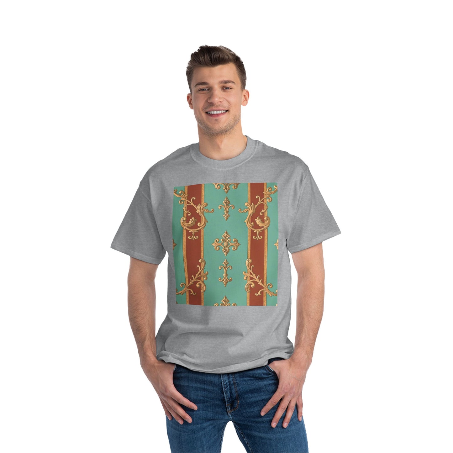 Elegant Vintage Patterned T-Shirt | Vintage Style Tee, Casual Wear, Retro Aesthetic - Rust & Mint Aqua Striped Baroque