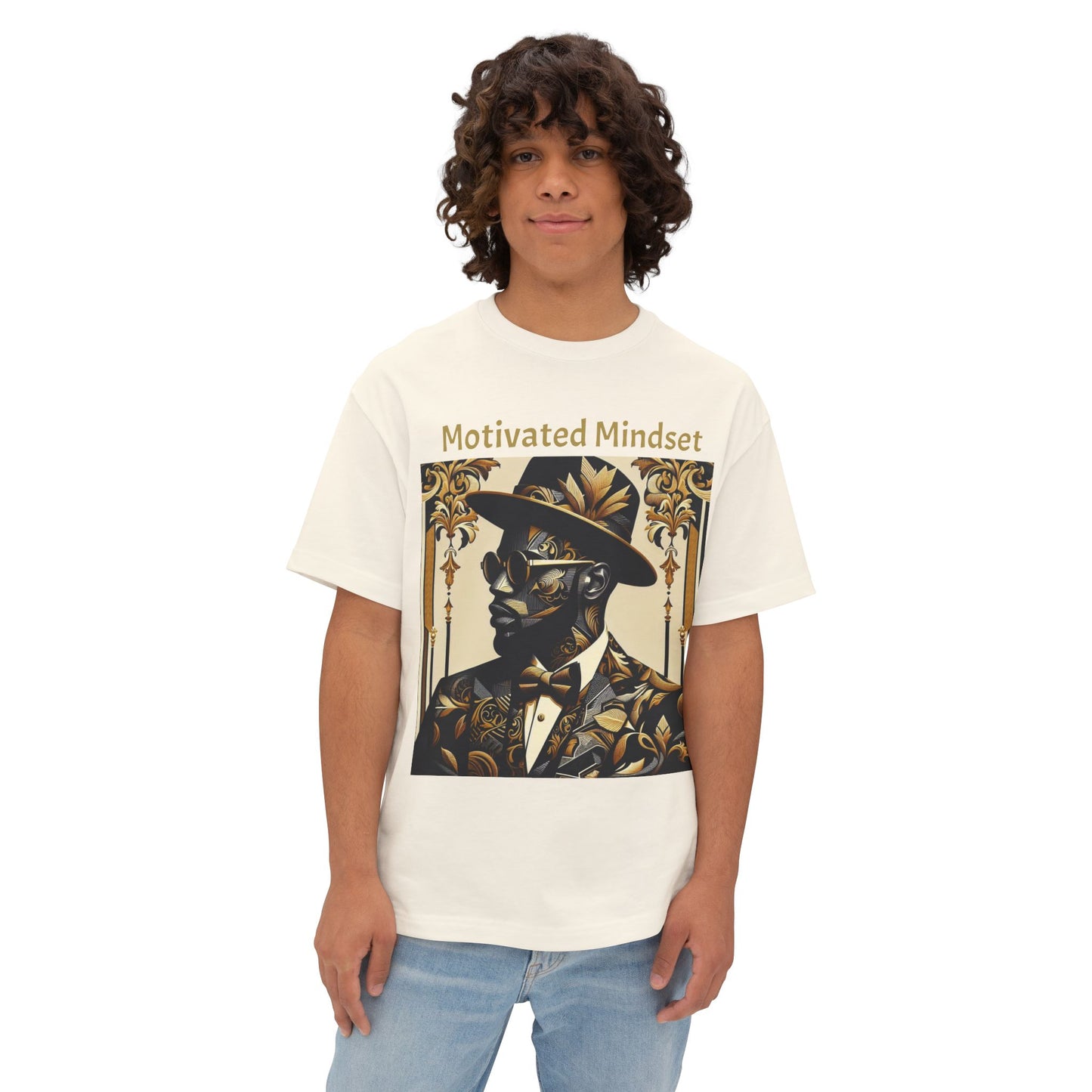 Motivated Mindset Boxy Tee - Unisex Oversized T-Shirt for Inspiration, Casual Wear, Gifts, Motivation, Self-Care - Gold Letters