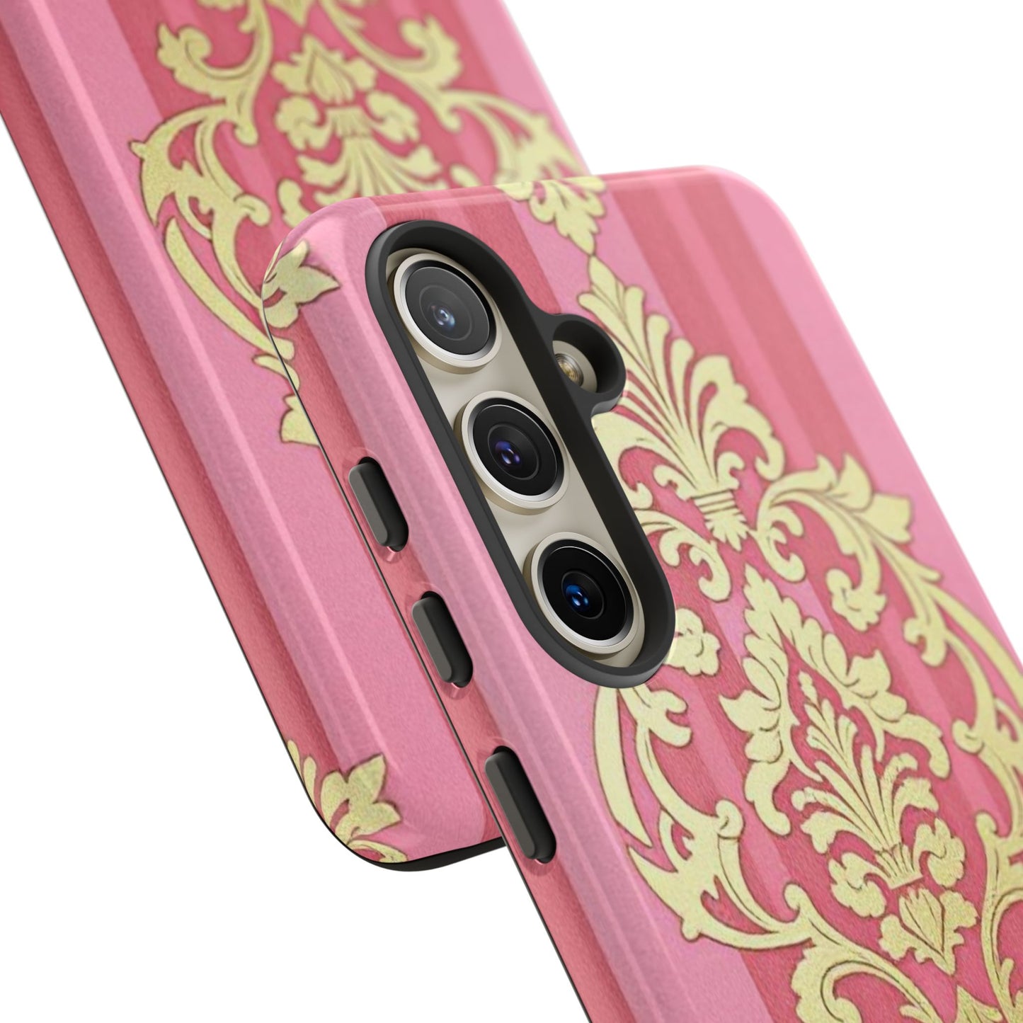 Elegant Floral Motif Phone Case - Tough Cases with Vintage Design - Pink Striped Damask