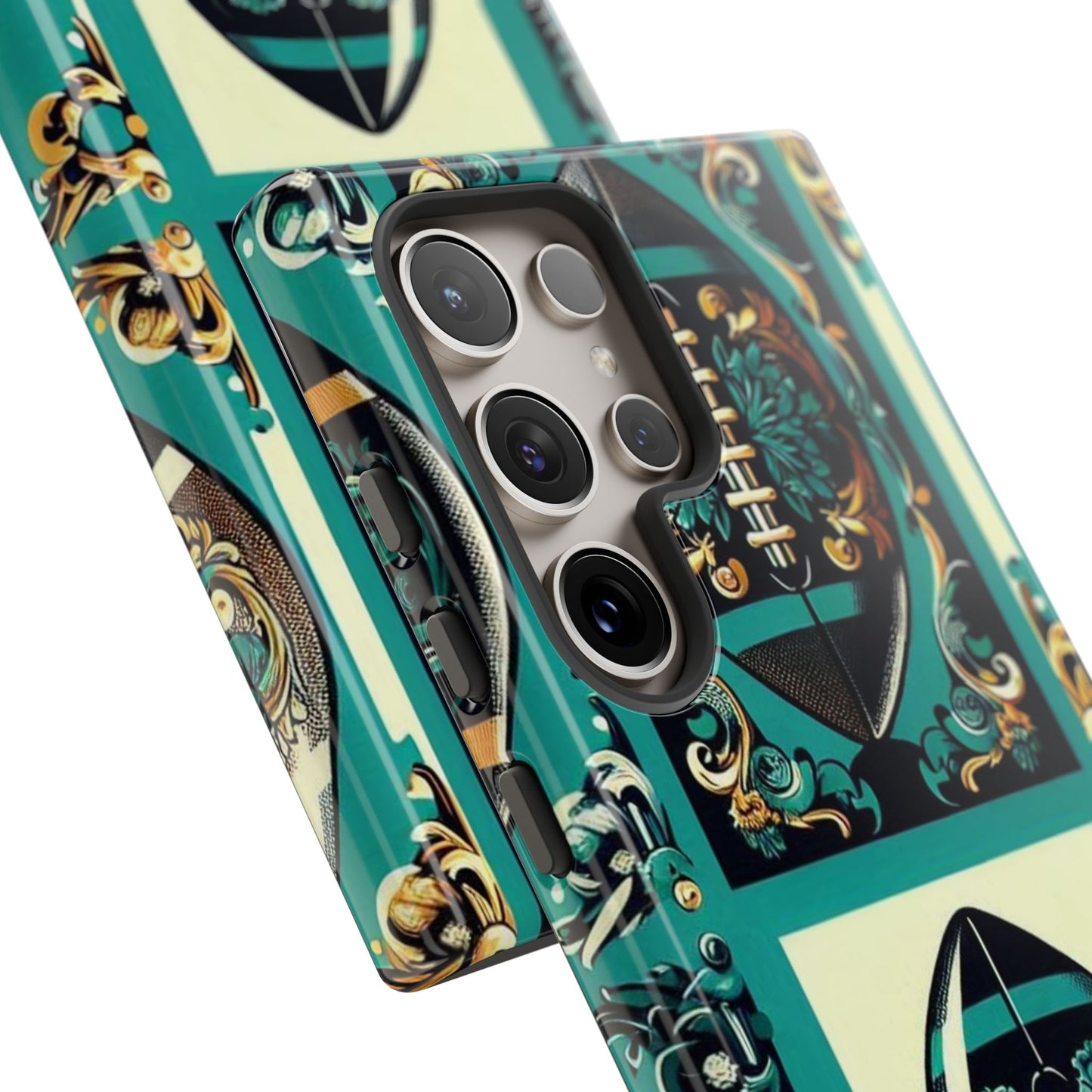 Elegant Floral Motif Phone Case - Tough Cases with Vintage Design -  Damask Teal, Gold & Black Footballs