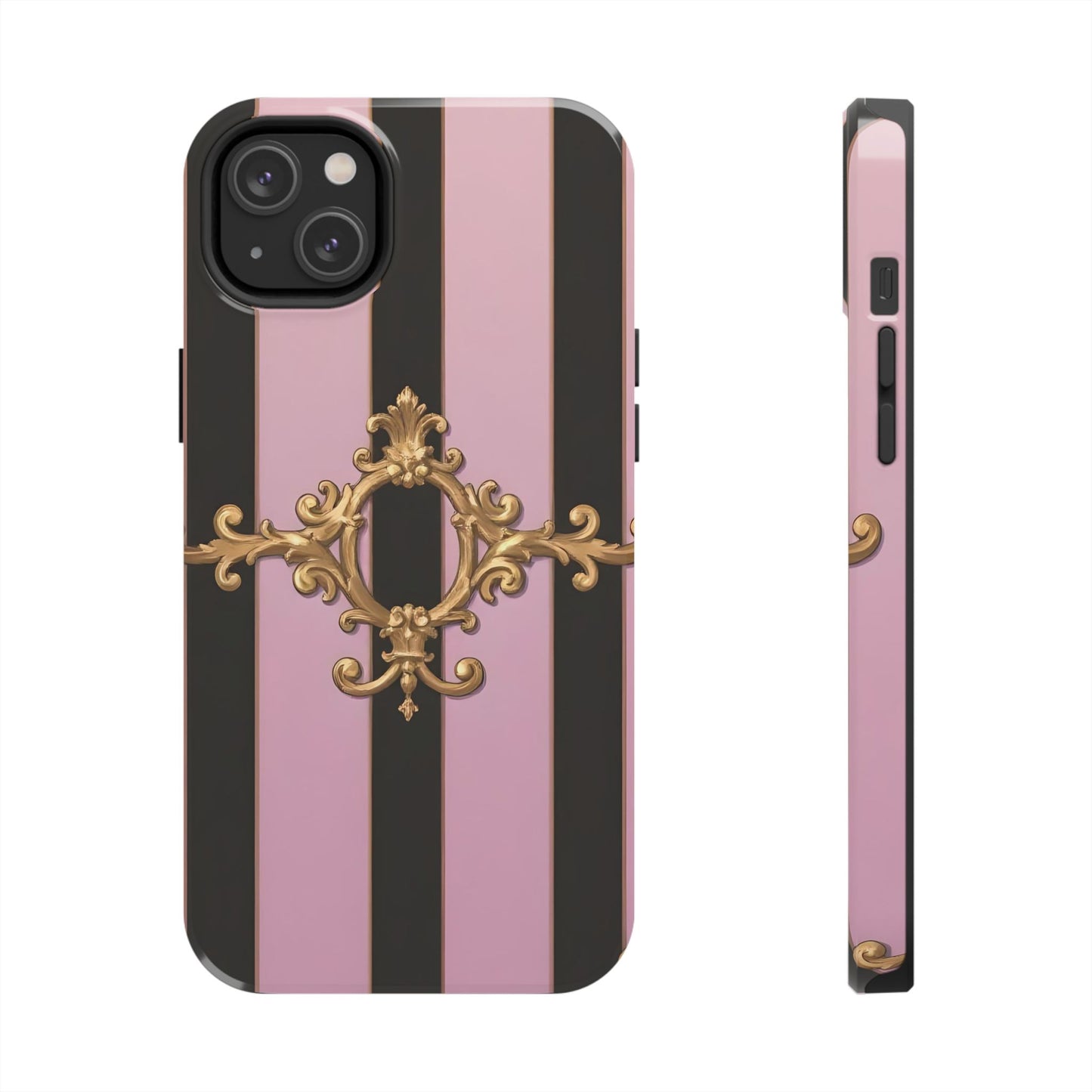 Stylish Tough Phone Case for Elegant Protection, Fashionable Accessories, Smartphone Cover - Matte Lavender & Black Striped Gold Baroque