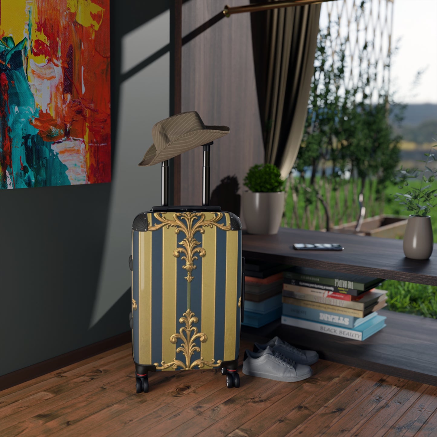 Elegant Midnight Blue & Olive Striped Gold Baroque Travel Suitcase, Chic Luggage for Stylish Travelers, Fashionable Overnight Bag, Luxury Baggage
