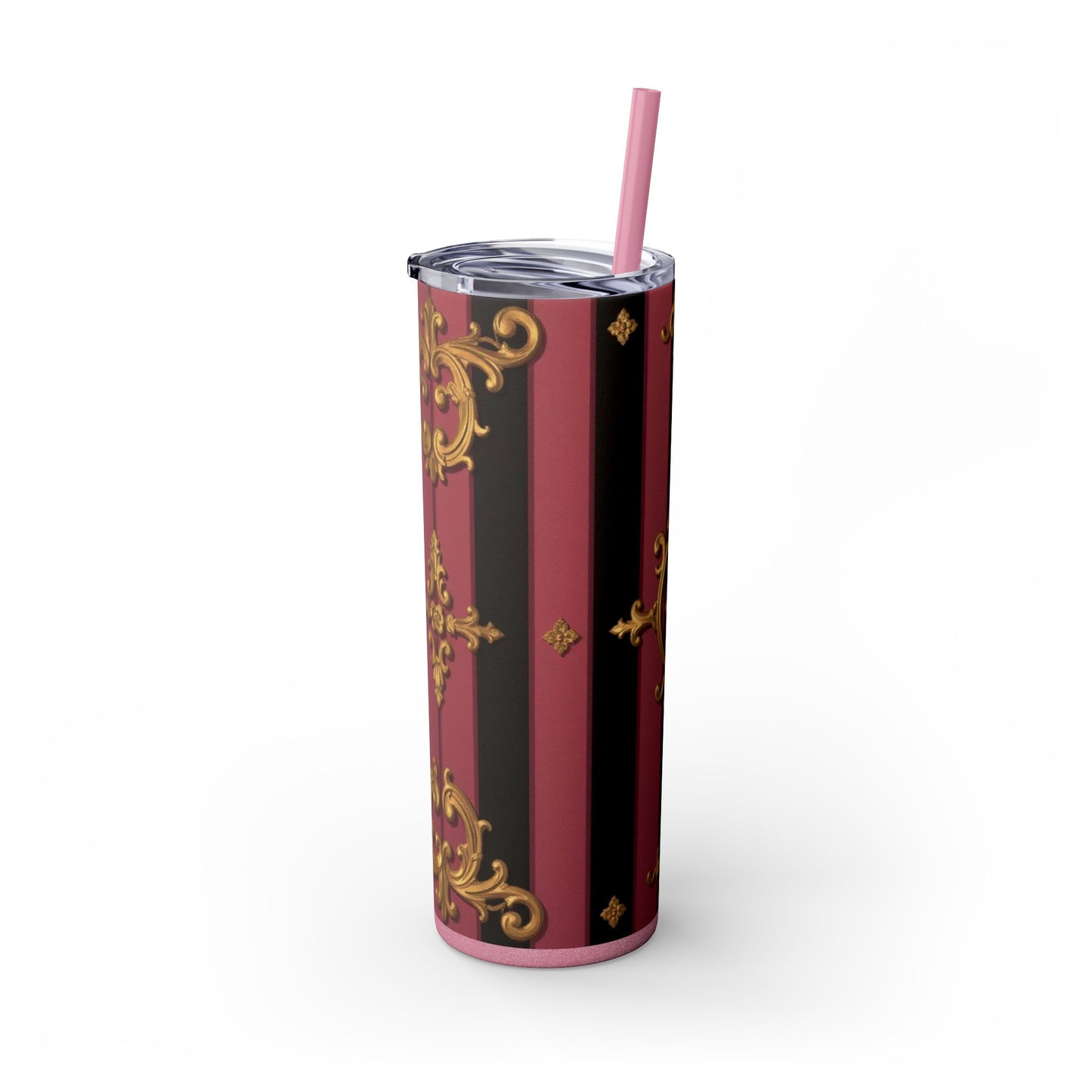 Elegant Black & Mauve Striped Gold Baroque Striped Skinny Tumbler with Straw, 20oz | Vintage Gold Accent Drinkware, Wedding Gift, Party Favor, Travel Mug