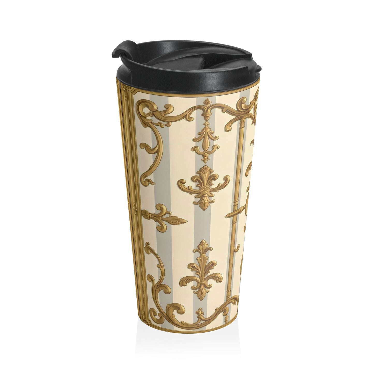 Elegant Ornate Stainless Steel Travel Mug, Stylish Coffee Mug, Travel Cup Gift, Vintage Inspired Drinkware - Matte Gray & Cream Striped Gold Baroque