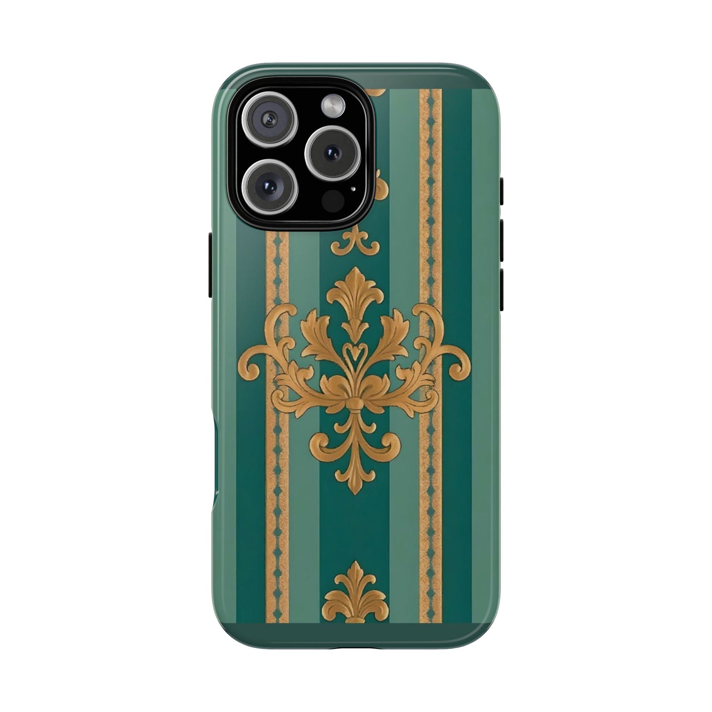 Elegant Floral Motif Phone Case - Tough Cases with Vintage Design - Teal Striped Gold Damask