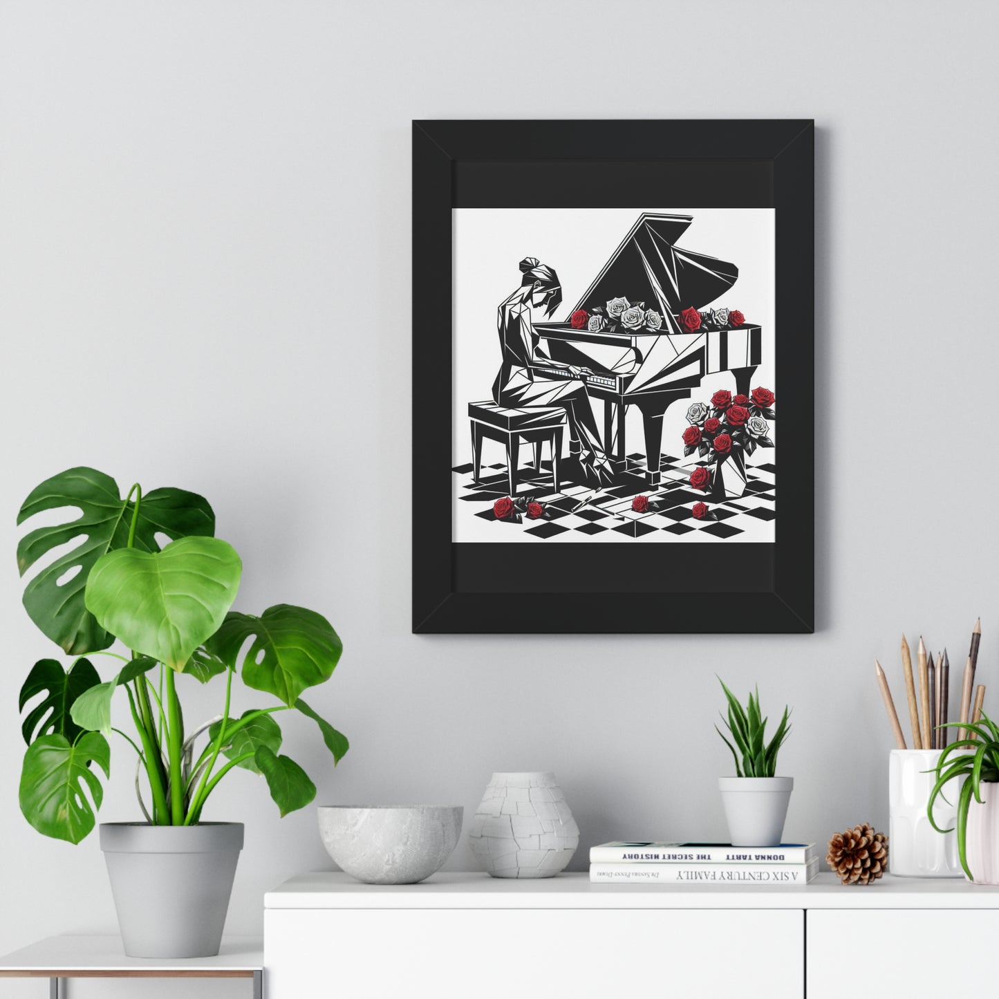 Vertical Poster - Black & White Grand Piano & Red Roses Wall Art
