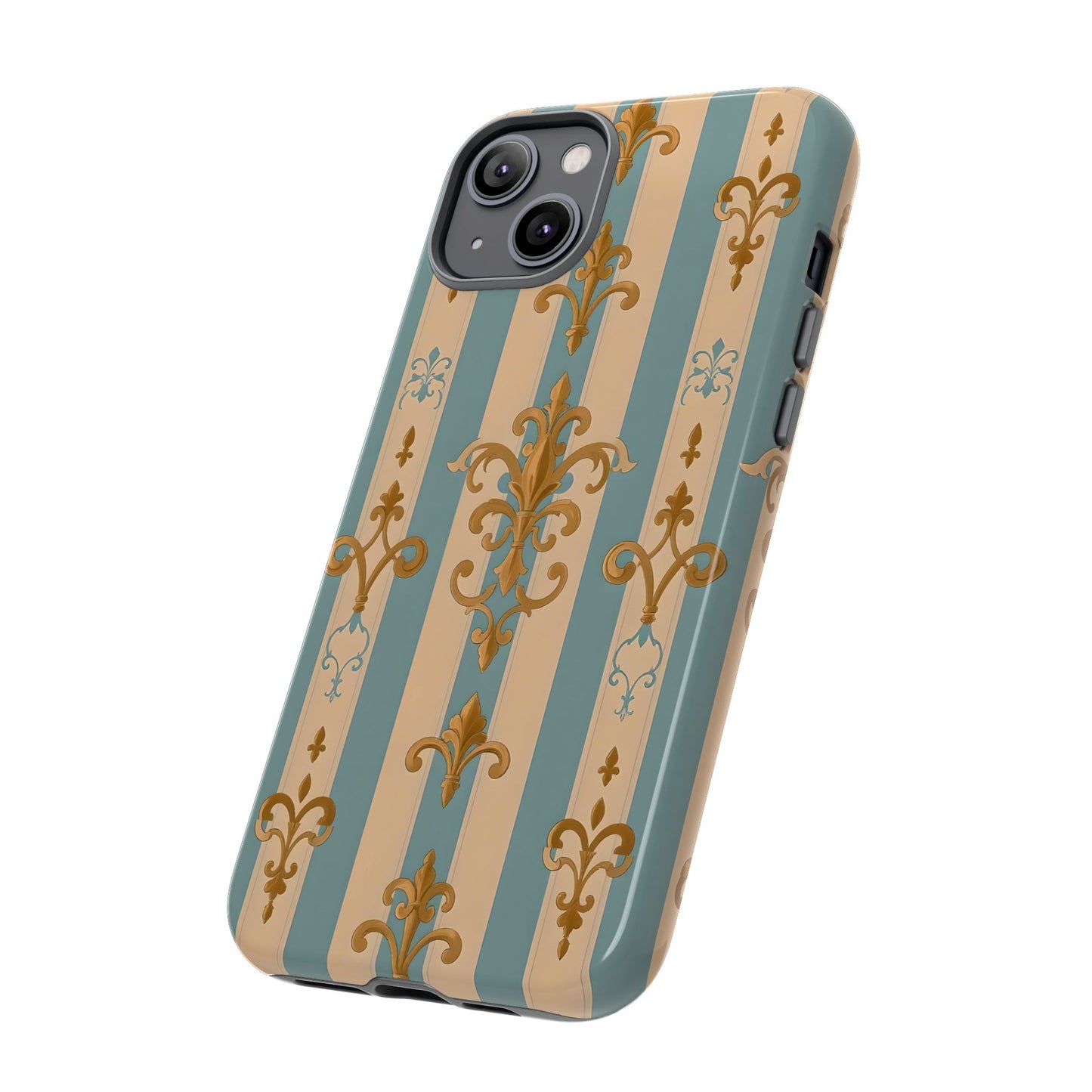 Elegant Floral Motif Phone Case - Tough Cases with Vintage Design -  Beige & Sky Blue Striped Gold Damask