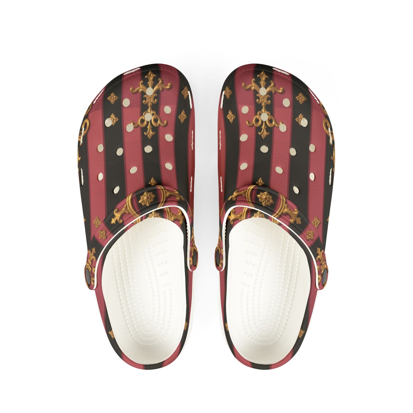 Chic Black & Mauve Striped Gold Baroque EVA Foam Rubber Clogs for Stylish Comfort, Trendy House Shoes, Unique Gift Idea