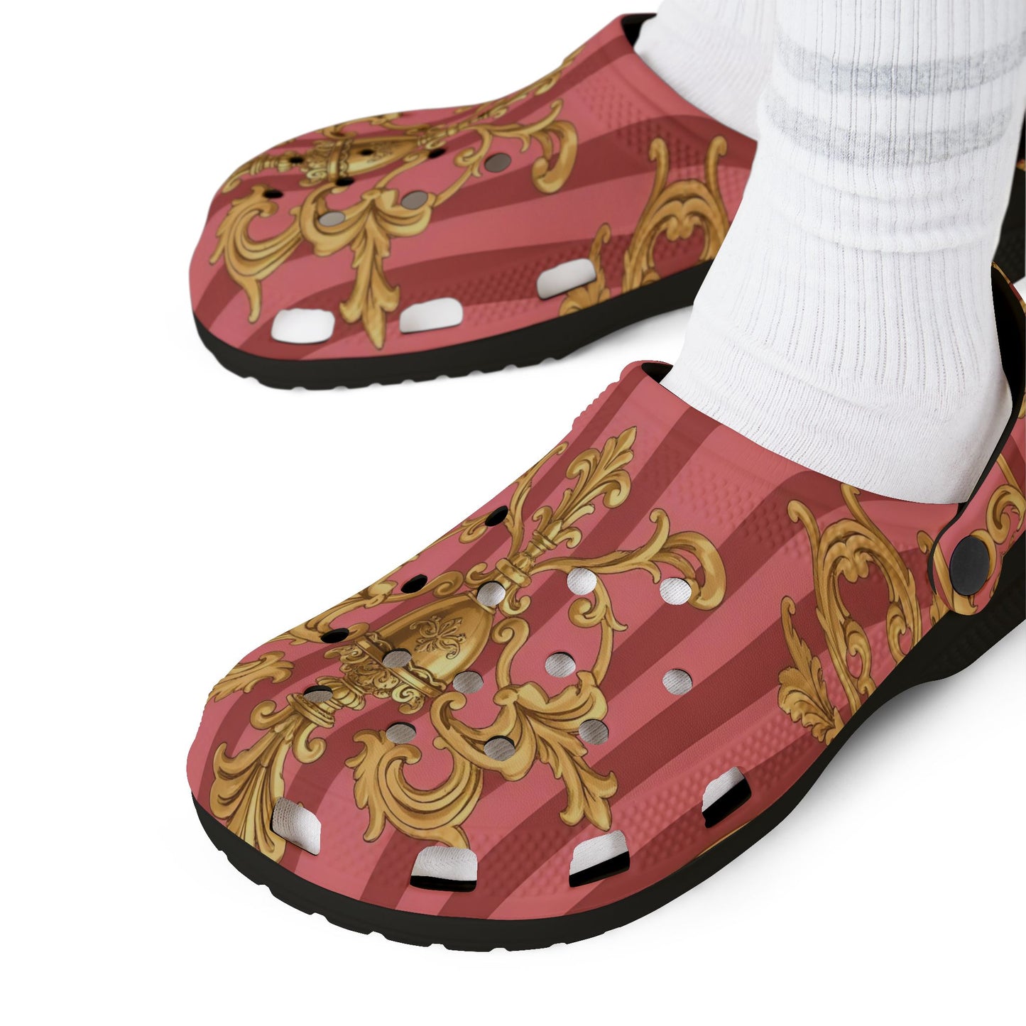 Elegant Baroque-Style EVA Foam Clogs, Trendy Slip-On Shoes, Comfortable Fashion Footwear - Pink Striped Gold Baroque