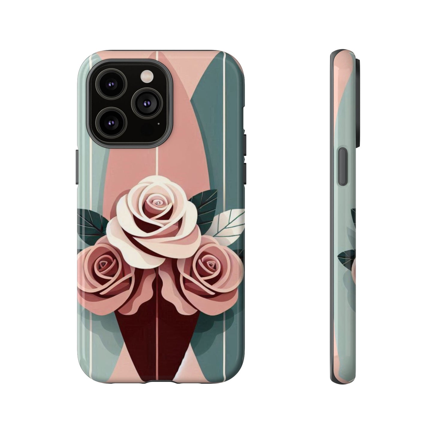 Phone Case - Burgundy, Matte Mauve & Teal Surfboard & Roses Design