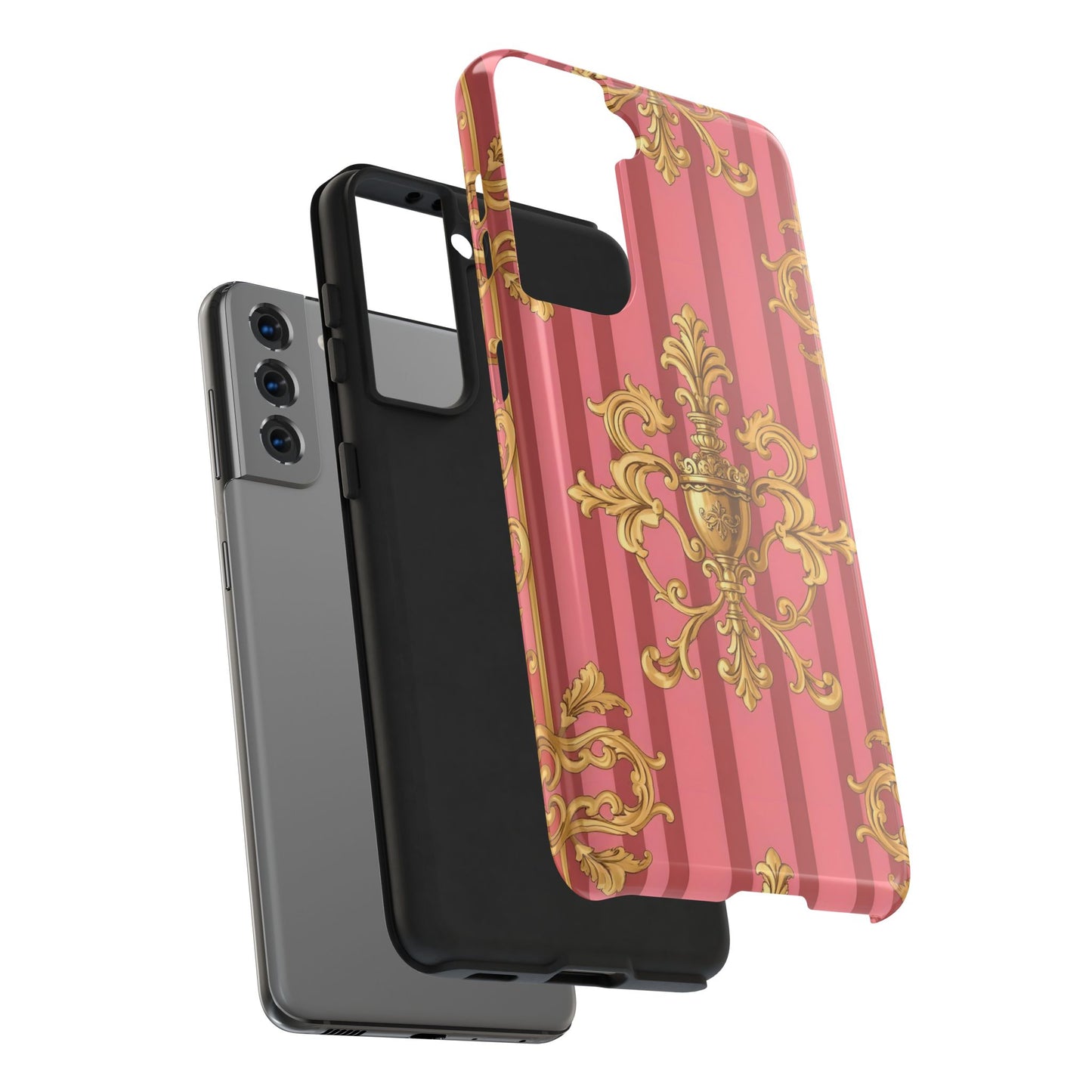 Elegant Baroque Tough Phone Cases, Durable Phone Cover, Stylish Accessory, Gift for Any Occasion - Pink Striped Gold Baroque
