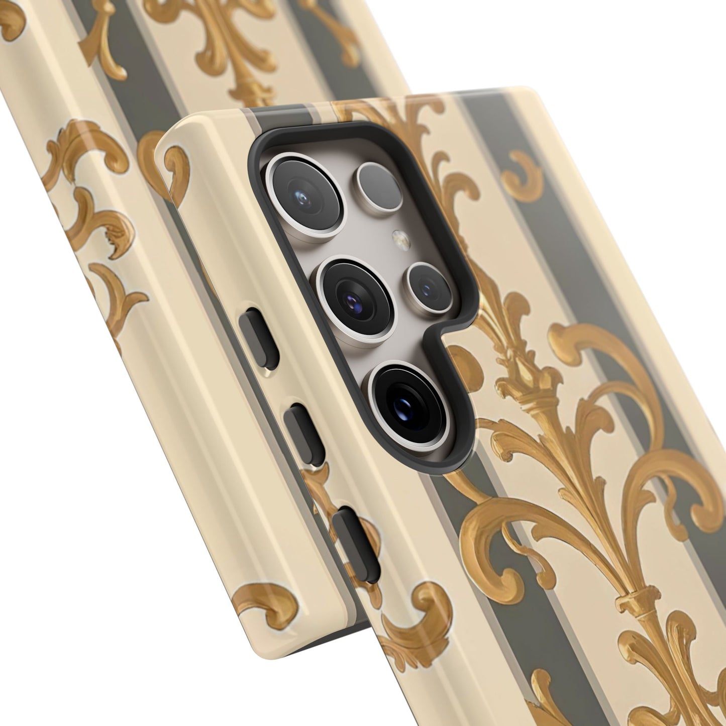 Elegant Floral Motif Phone Case - Tough Cases with Vintage Design - Dusk Olive Striped Gold Damask