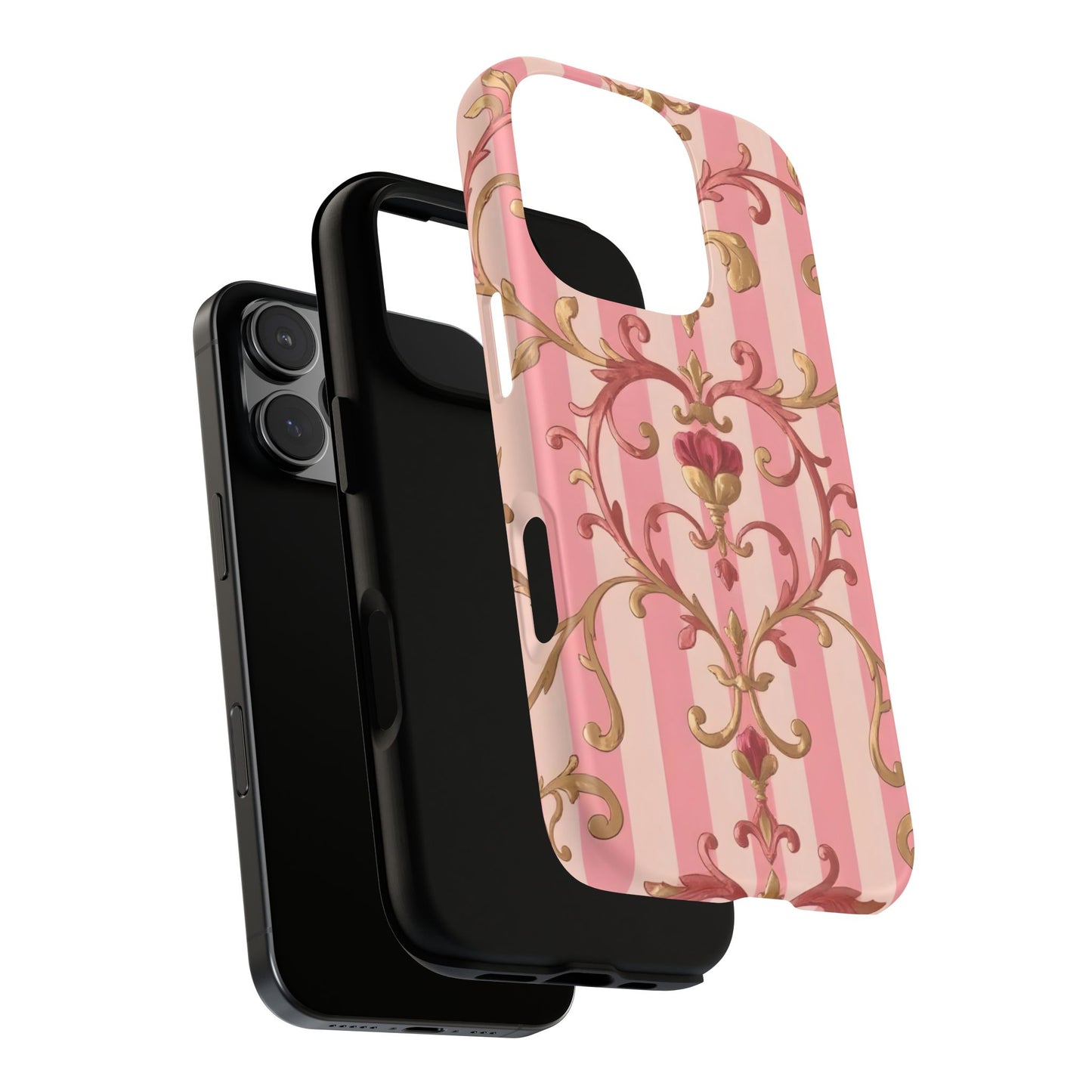 Elegant Floral Motif Phone Case - Tough Cases with Vintage Design - Pink Striped Rose Gold Damask