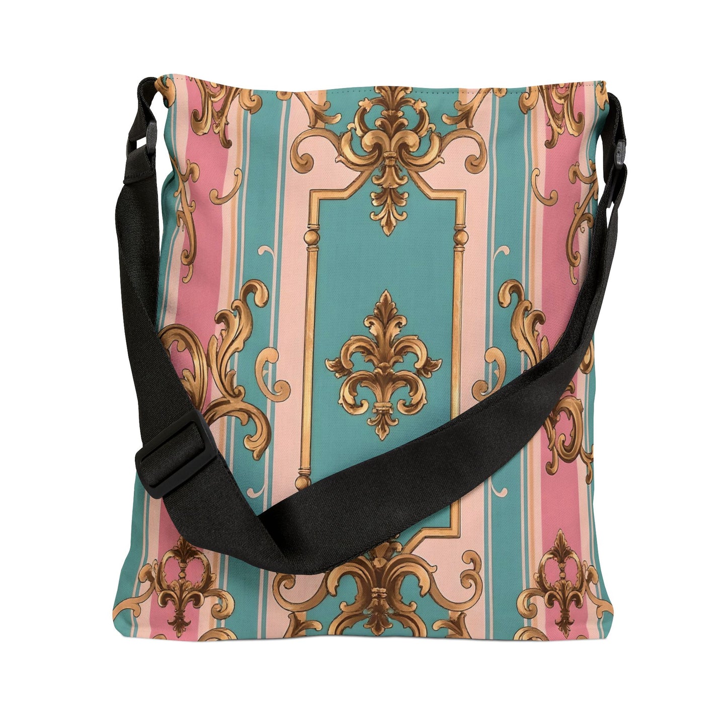 Elegant Vintage Floral Adjustable Tote Bag, Stylish Handbag, Everyday Use, Gift for Her - Pink & Matte Turquoise Striped Rococo