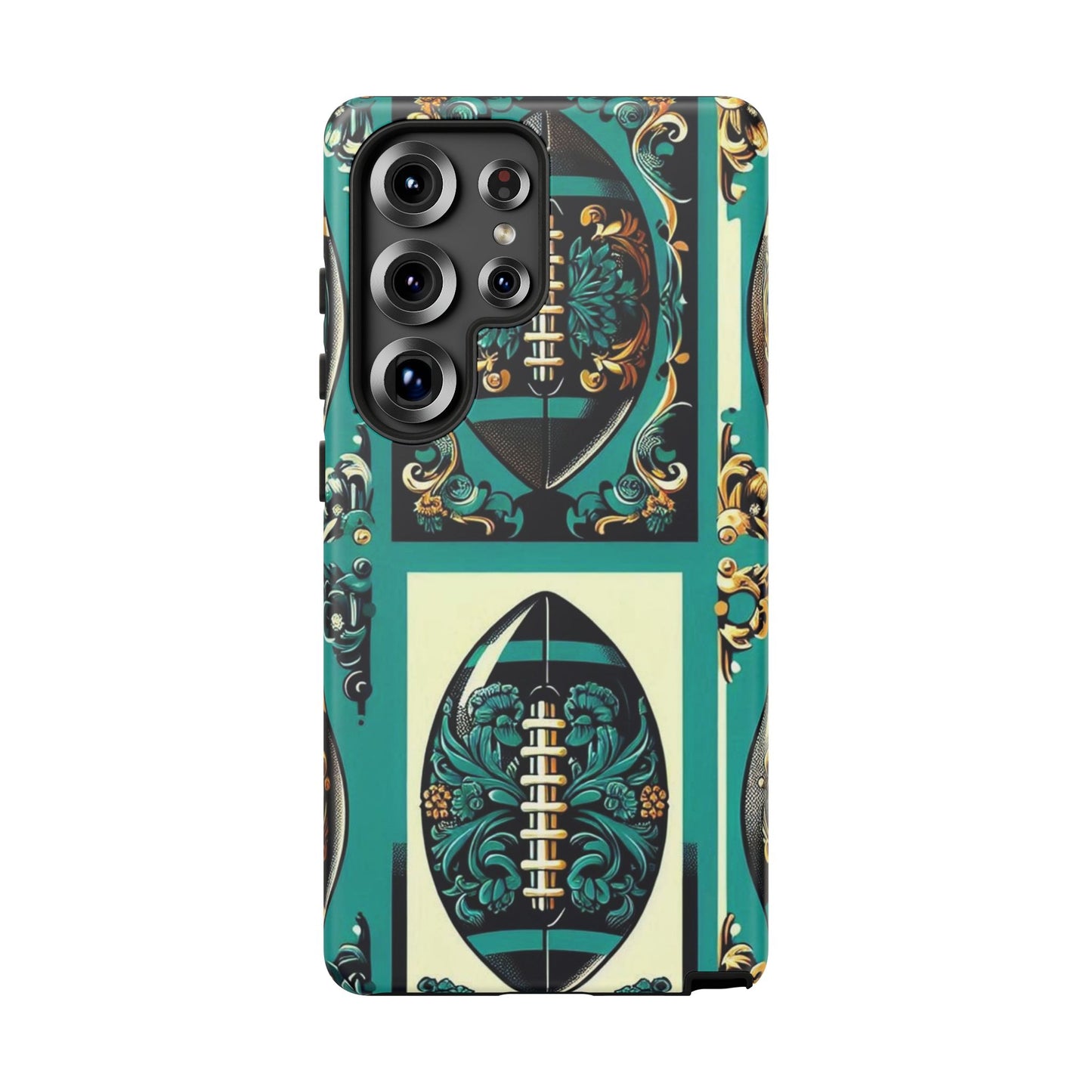 Elegant Floral Motif Phone Case - Tough Cases with Vintage Design -  Damask Teal, Gold & Black Footballs