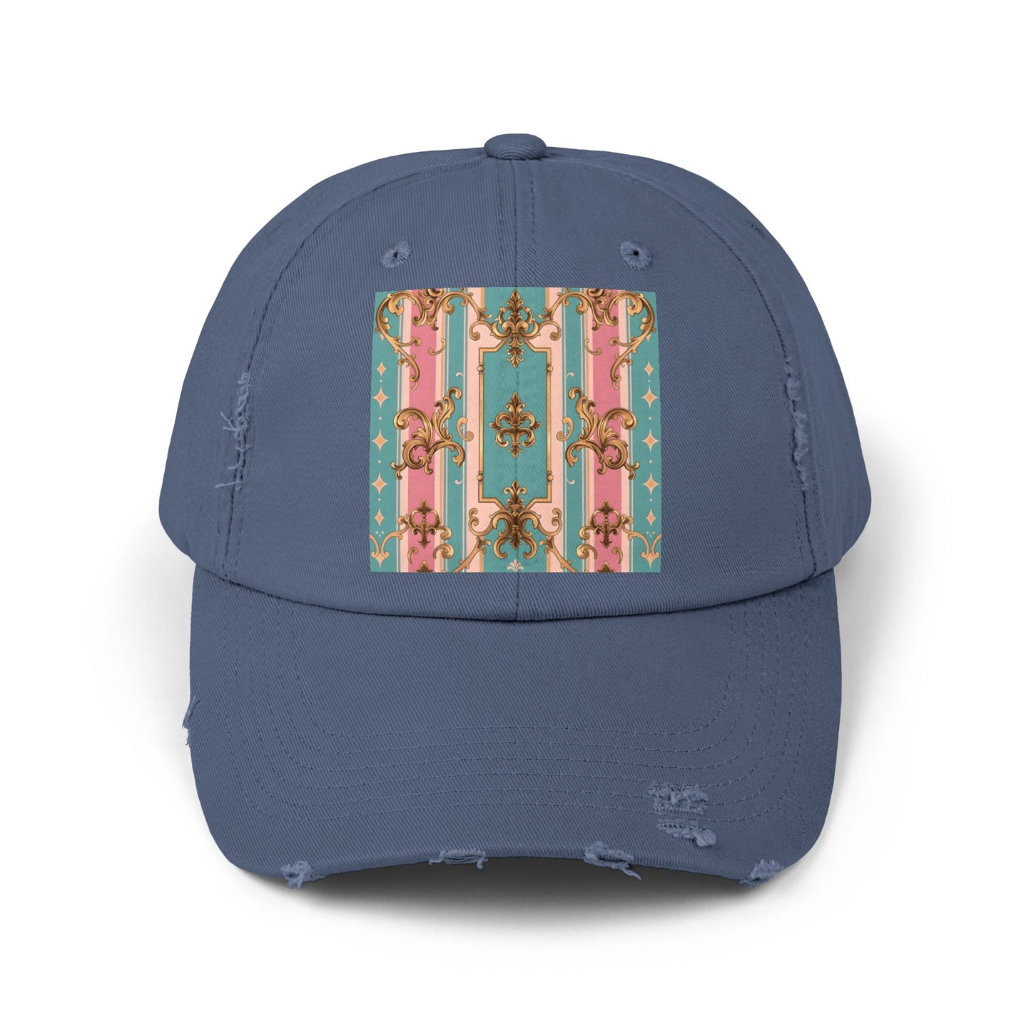 Stylish Unisex Distressed Cap with Floral Pattern, Casual Hat, Trendy Headwear, Summer Accessory - Pink & Matte Turquoise Striped Rococo