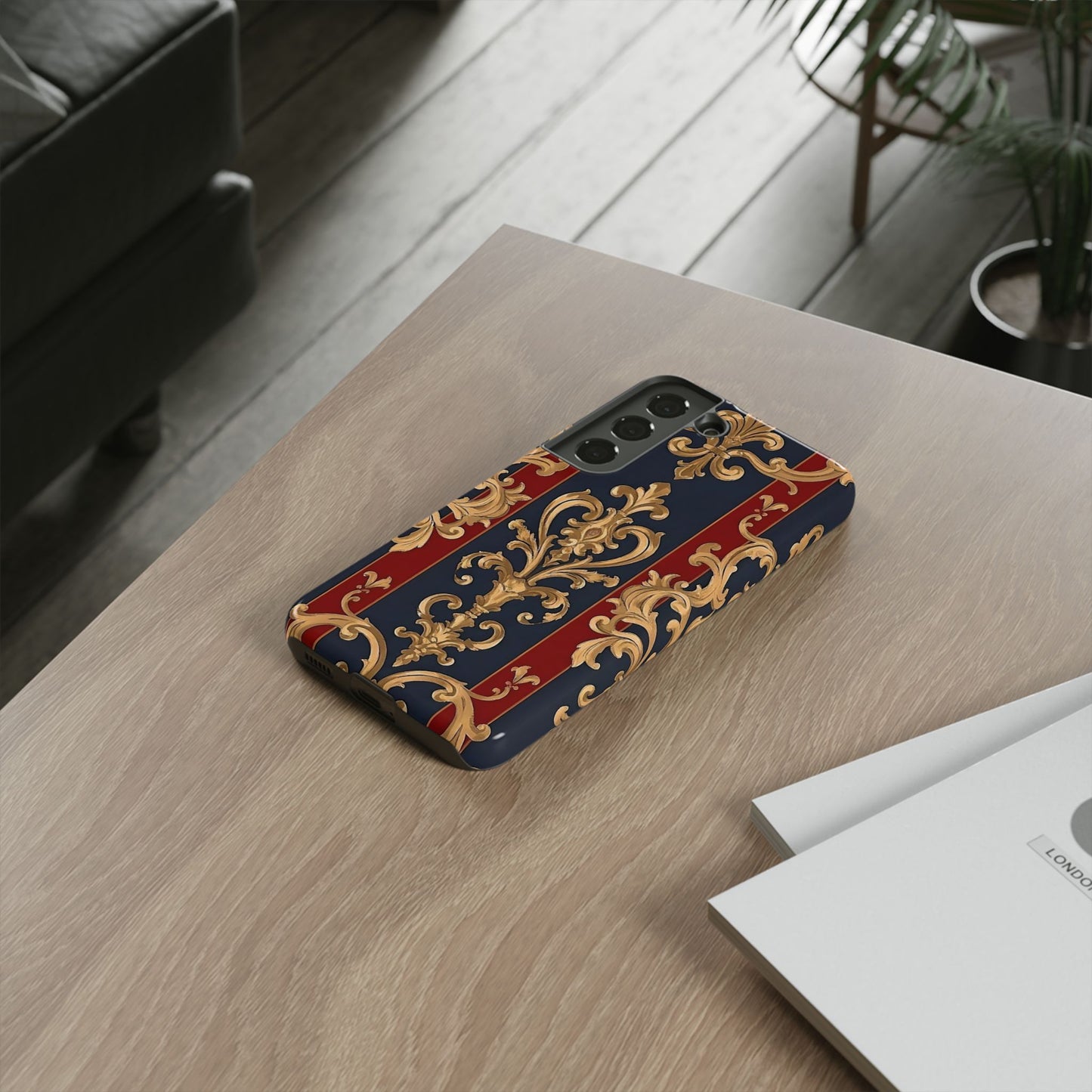 Elegant Floral Motif Phone Case - Tough Cases with Vintage Design - Midnight Blue & Dusk Red Striped Gold Damask