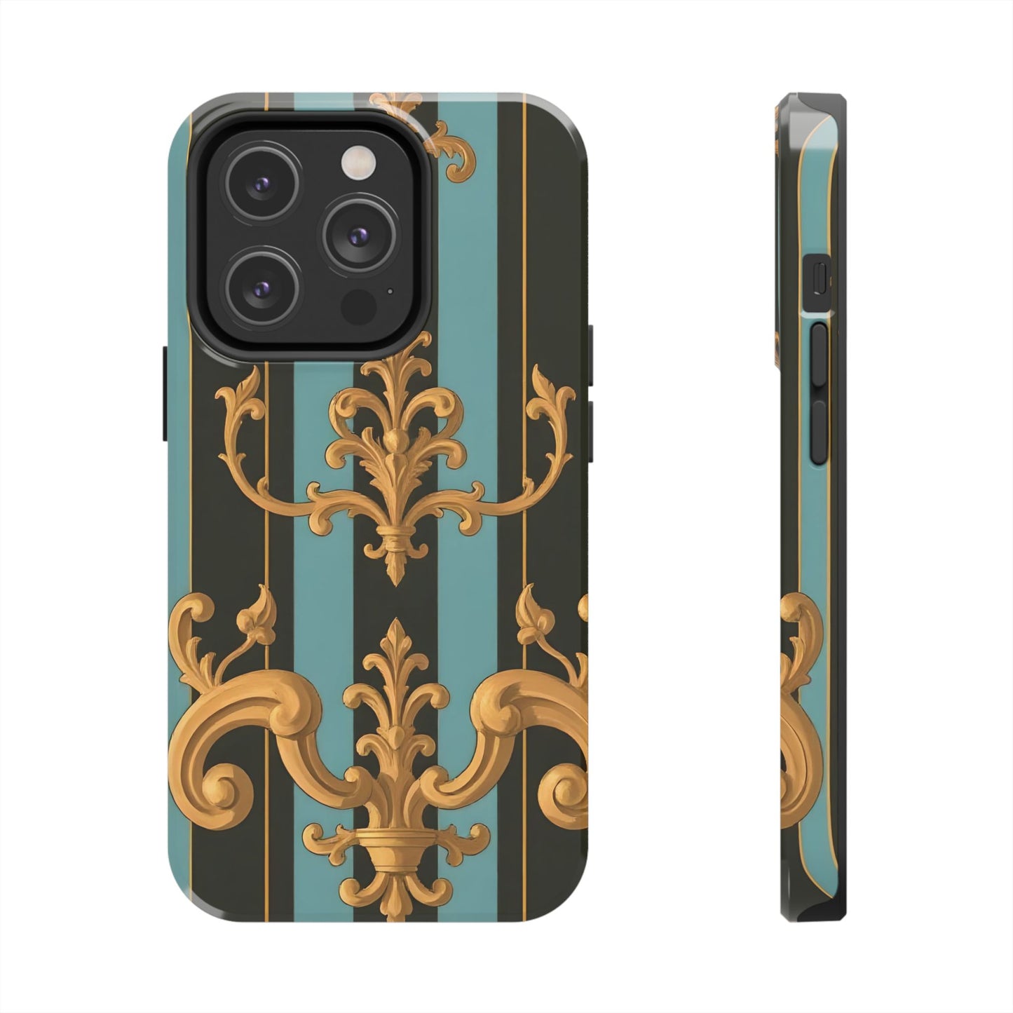 Elegant Baroque Tough Phone Case, Stylish Phone Cover, Durable iPhone Case, Unique Gift - Black & Turquoise Striped Baroque