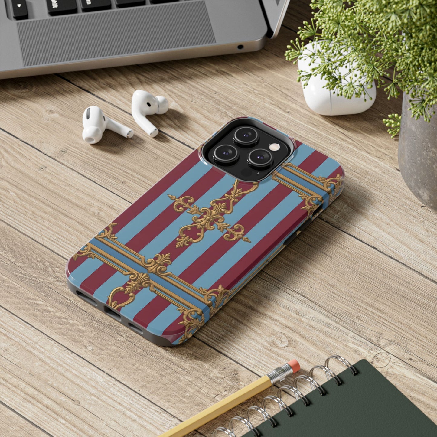 Elegant Patterned Tough Phone Cases, Stylish Phone Cover, Durable Phone Protection, Unique Gift Idea - Sky Blue & Maroon Striped Baroque